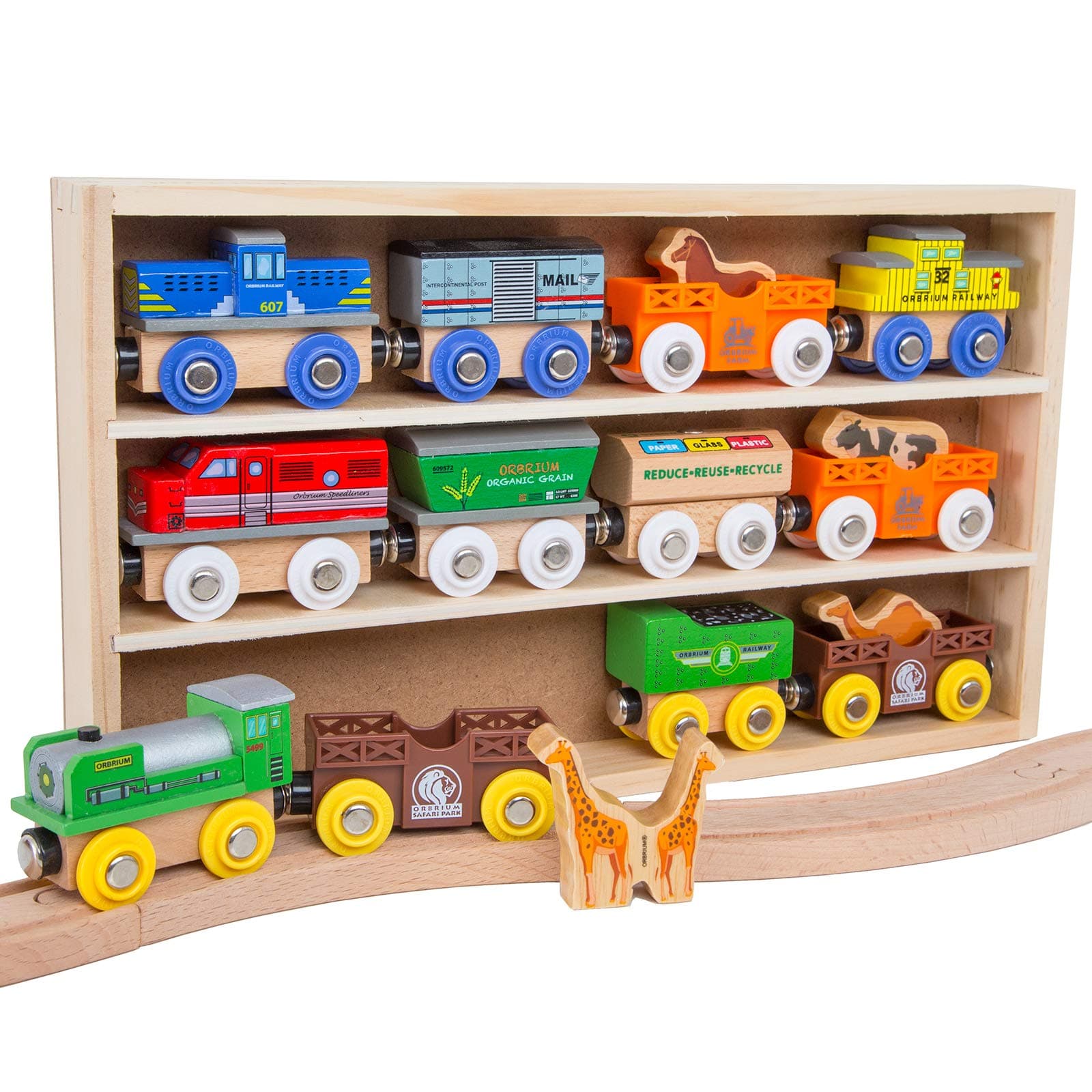 Wooden Train Set 12 Magnetic Train Cars & Engines 18 PCS Collection Animal Trains Circus Farm Safari Zoo Compatible w Thomas Brio Melissa & Doug Wooden Railway for Toddlers Kids