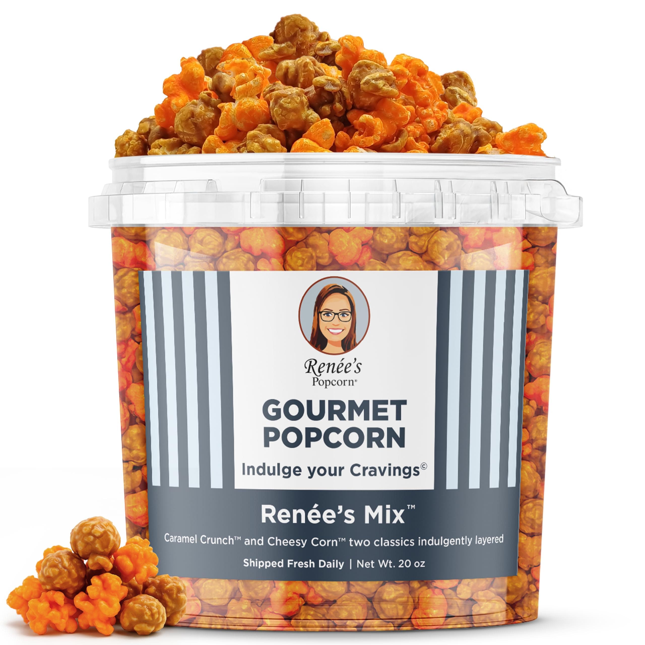 Renée’s Mix™ Gourmet Popcorn – Mix of brown sugar Caramel Crunch™ corn, Wisconsin cheddar Cheesy Corn™ - an indulgent, crispy, cheesy, sweet popped fresh, handmade, Chicago style snack or gift - 1.1 gallon plastic bucket tin, 20 oz bulk party size.