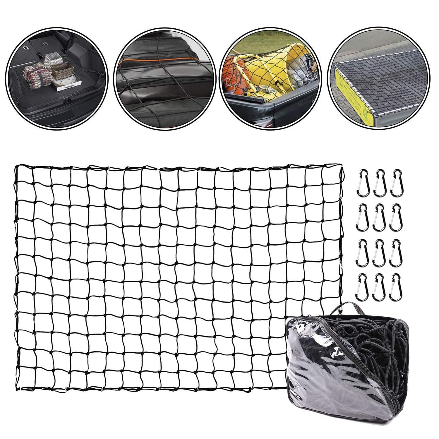 Cargo Net Truck Cargo Webbing 4'x 6' Stretches to 8'x 12' Bungee Net with 12 Aluminum Clip Carabiners Small 4'x 4'Mesh Net Holds Small/Large Loads Tighter for Pickup Truck, Trailer, Boat,ATV