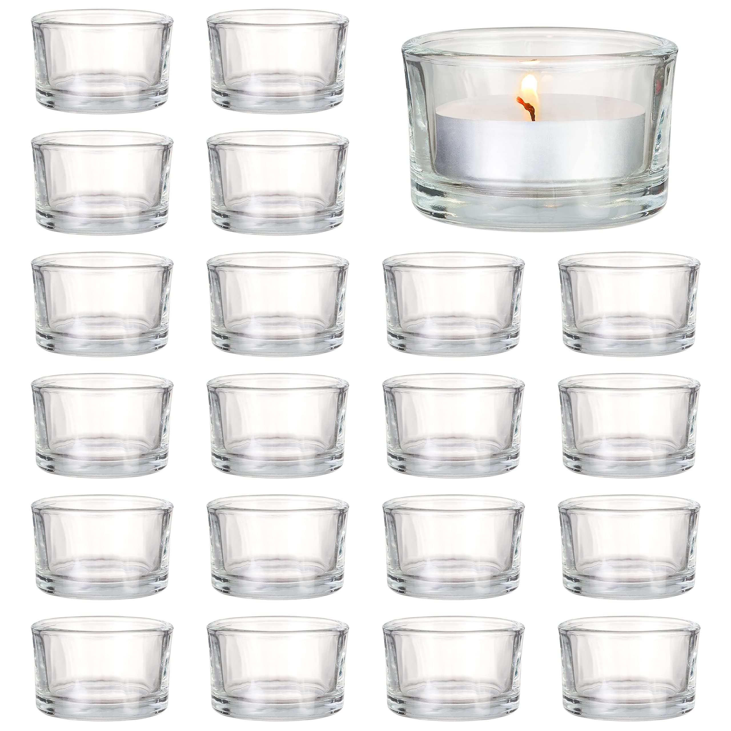 MATANA - 24 Tea Light Candle Holders Elegant Clear Glass, 5 x 3 cm for Candles, Votive Tealight Holders for Decoration, Restaurant, Celebrations Engagement, Wedding, Anniversary - Holder Tea Lights