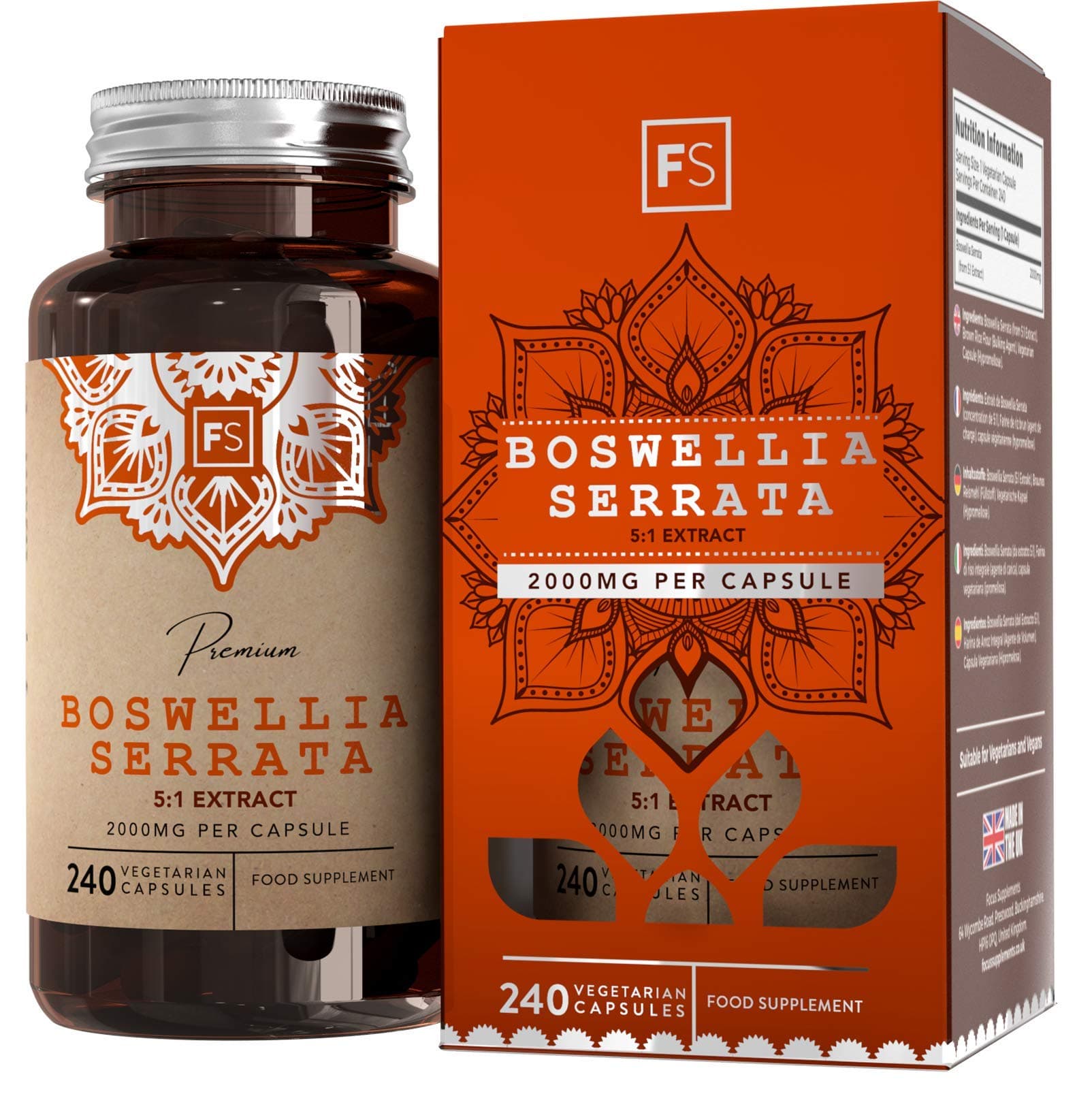 FS Boswellia Serrata Capsules | 240 Boswellia Serrata High Strength Capsules - 2000mg (5:1 Extract) per Serving | Non-GMO, Gluten & Allergen Free | Manufactured in The UK