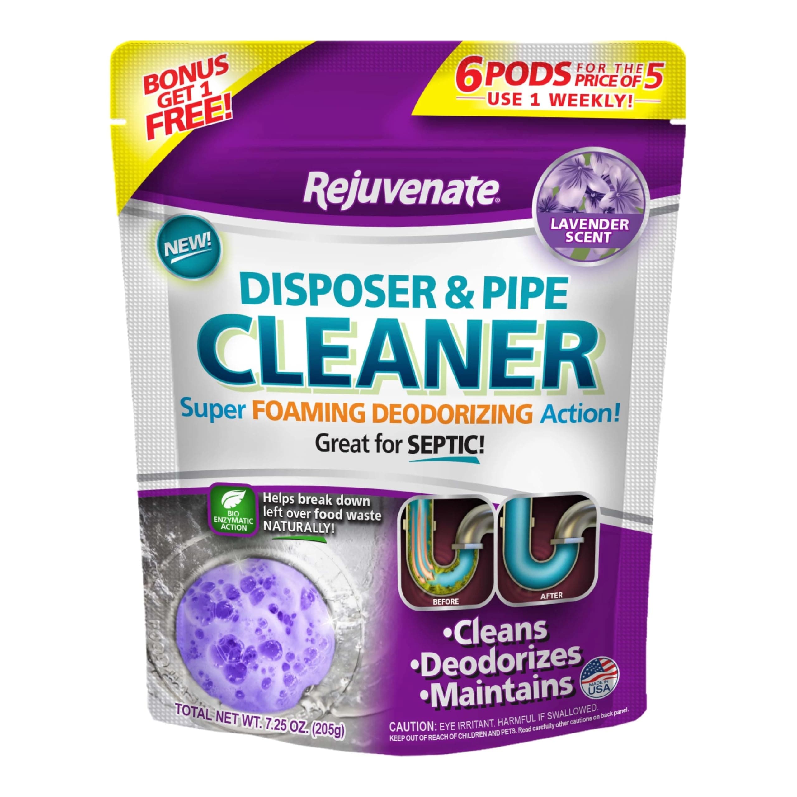 Rejuvenate Disposal Cleaner, 6 Pods, Lavender-Scented Disposal and Pipe Cleaner Pods with Bio-Enzymatic Formula Help Break Down Leftover Food Waste and Remove Odors for A Clean, Fresh Disposal