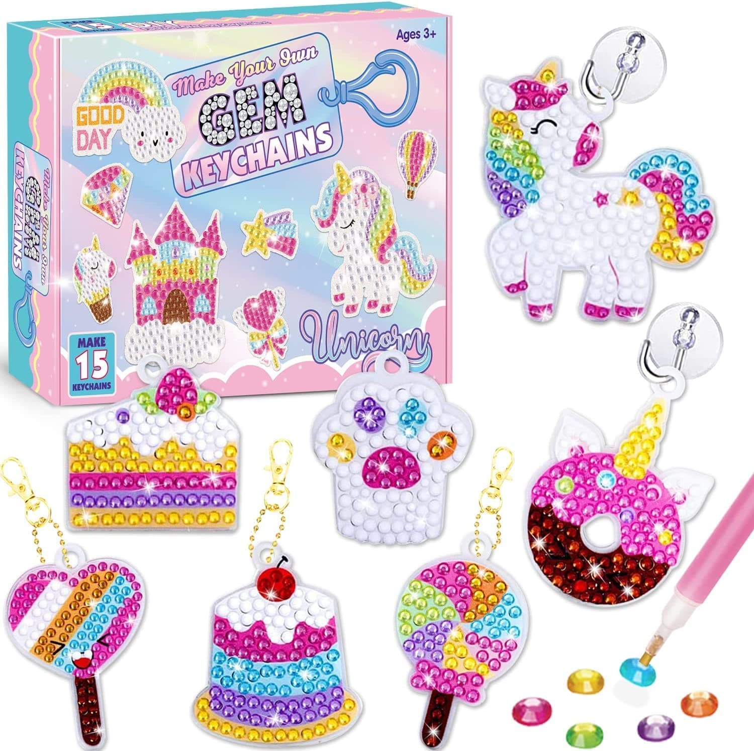 Beauenty 15pcs Arts and Crafts for Kids Diamond Painting Kit Make Your Own GEM Keychains Acrylic Paint by Number Arts and Crafts DIY Keychains Crafts for Girls Boys Kids Ages 3+ (unicorn)