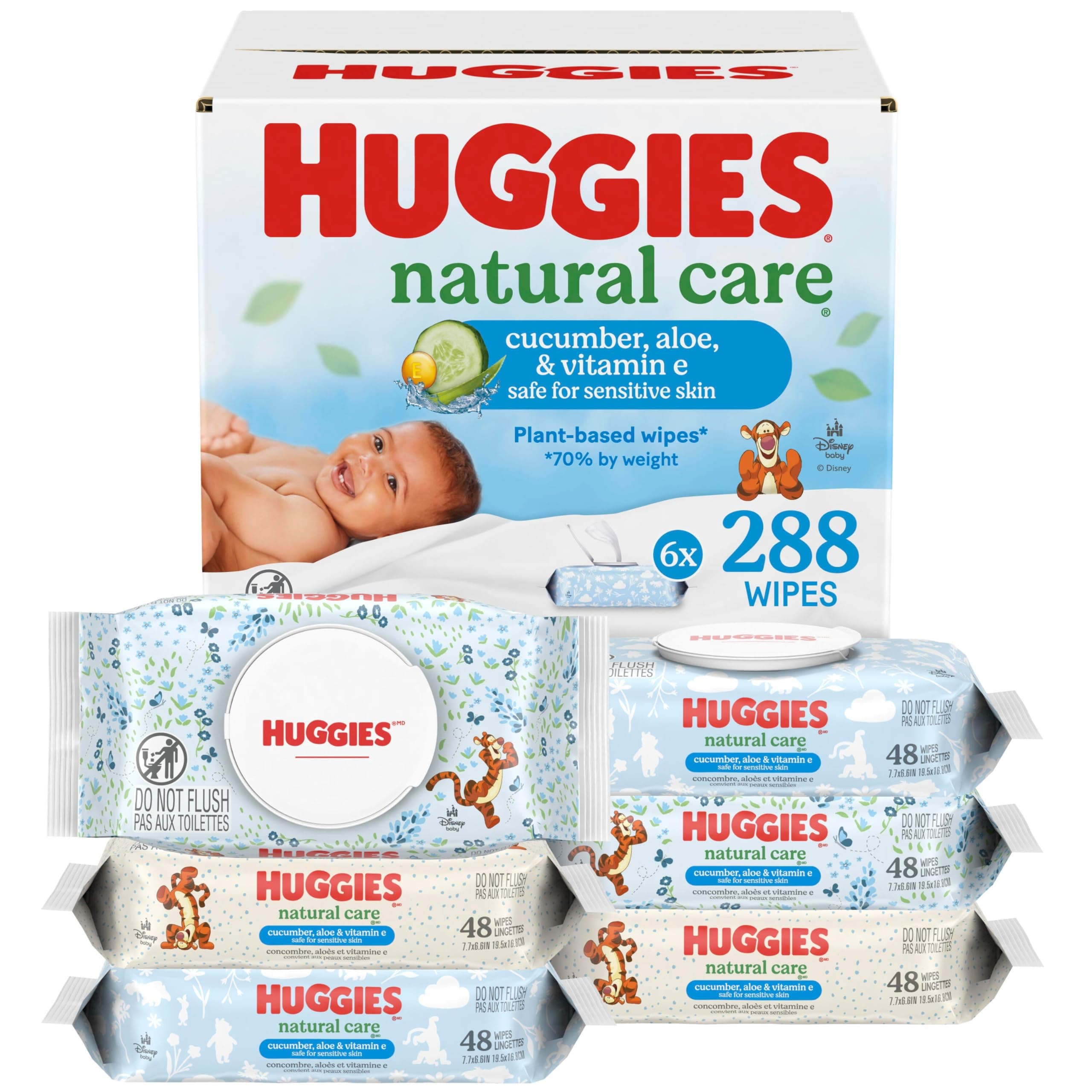 Natural Care Cucumber, Aloe and Vitamin E Baby Wipes, Hypoallergenic, Scented, 6 Flip-Top Packs (288 Wipes Total), Packaging May Vary
