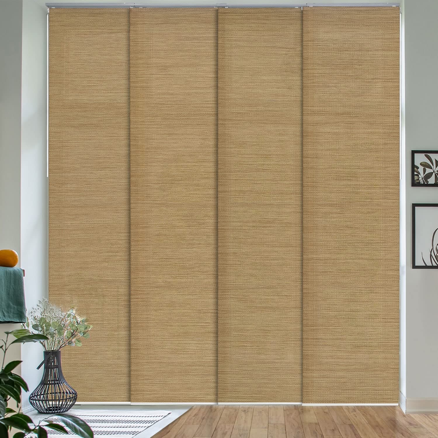 GoDear Design 4 Panel Room Dividers Screen 116 cm-218 cm W x Up to 243 cm H, Extendable 4-Rail Sliding Track Privacy Screens Room Dividers, BedRoom Panel Screens, Woven Room Divider Curtains, Pecan