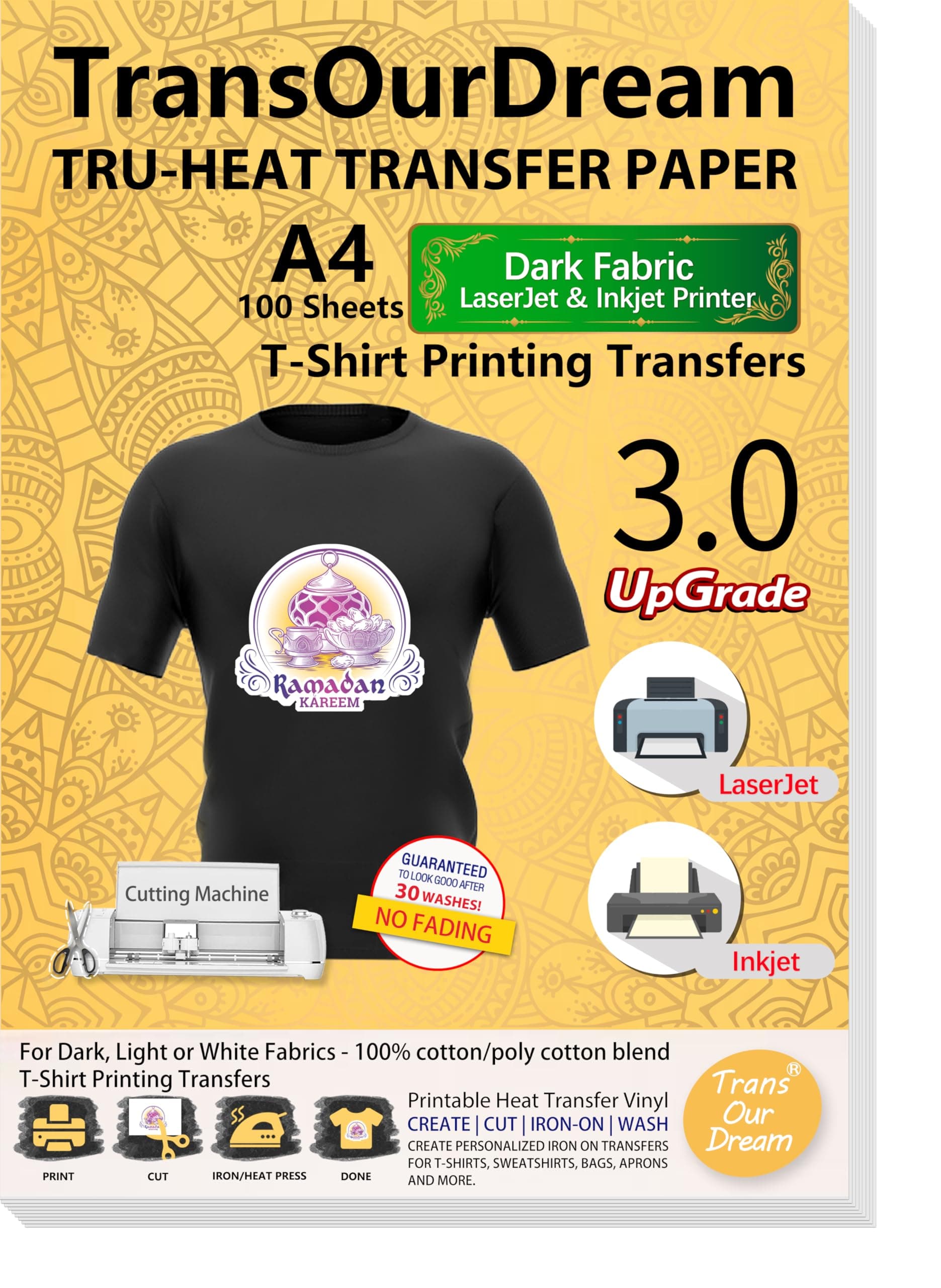 TransOurDream Tru-Iron on Transfer Paper for Shirts (10 Sheets, A4, 3.0) Heat Transfers Paper for Dark Fabric Printable Heat Transfer Vinyl for Inkjet Printer(ARAB-D3-10)