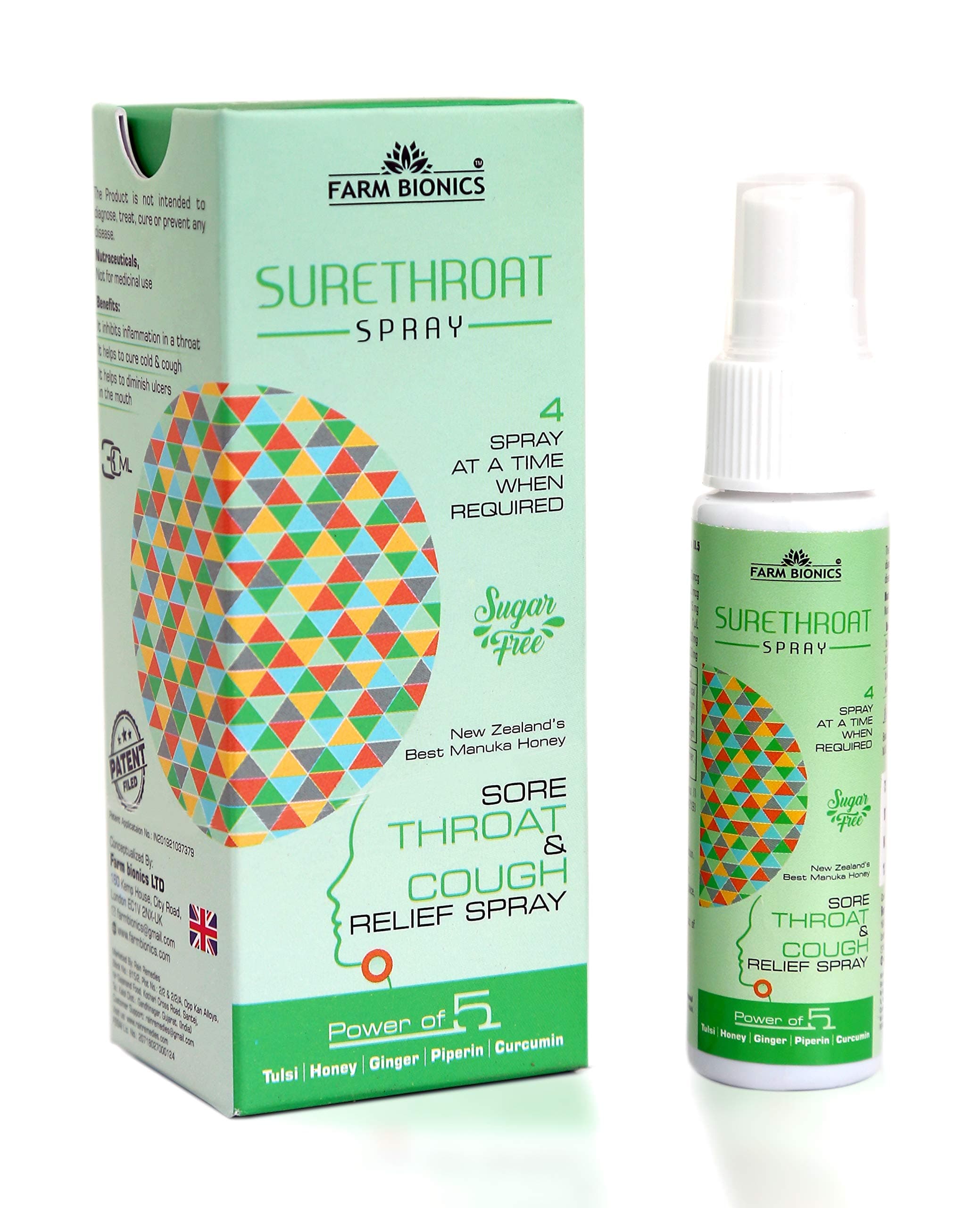 Sure throat (Ginger Honey Tulsi Curcumin Piperine) Spray For Cough, Cold and Flu - Pack of 2