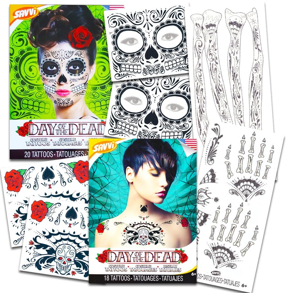 Day of The Dead Sugar Skull Ultimate Temporary Tattoo Set - Face, Arms, Hands and Chest Tattoo Kits (Glitter Web Design)