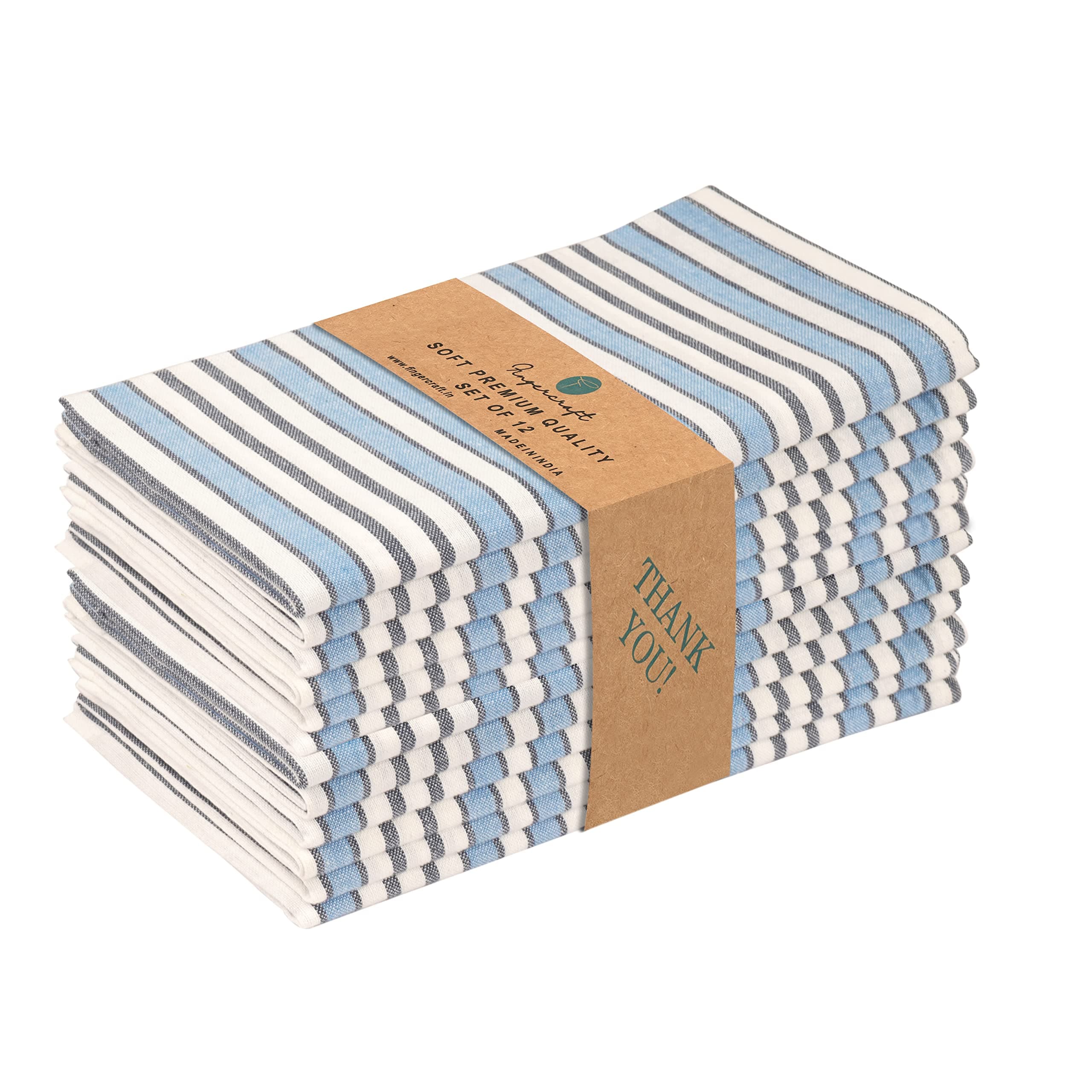 Cloth Napkins Stripes Set of 12 Dinner Napkins (20X20 Inch) 100% Cotton Premium Over Sized Cloth Napkins with Mitered Corners Ultra Soft Durable Hotel Quality (Soft Stripes) (Blue Stripes)