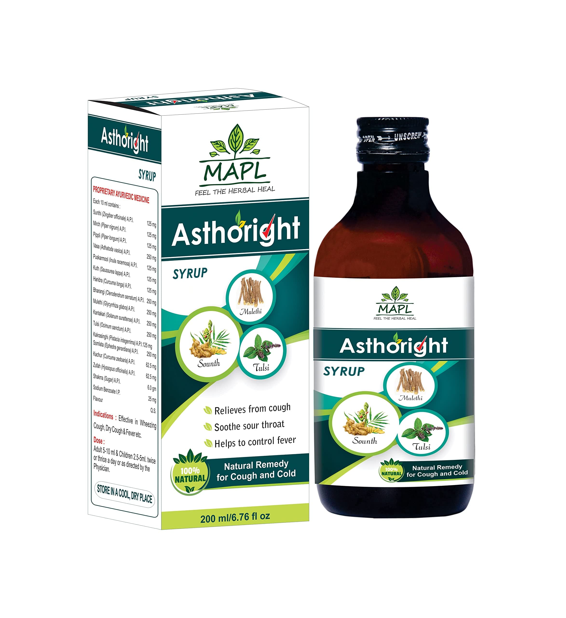 MAPL Asthoright Syrup Ayurvedic Enriched with Mulethi, Tulsi, Saunth & Pippal Relieves Cough, Cold & Seasonal Flu Supports Immunity | 200ml
