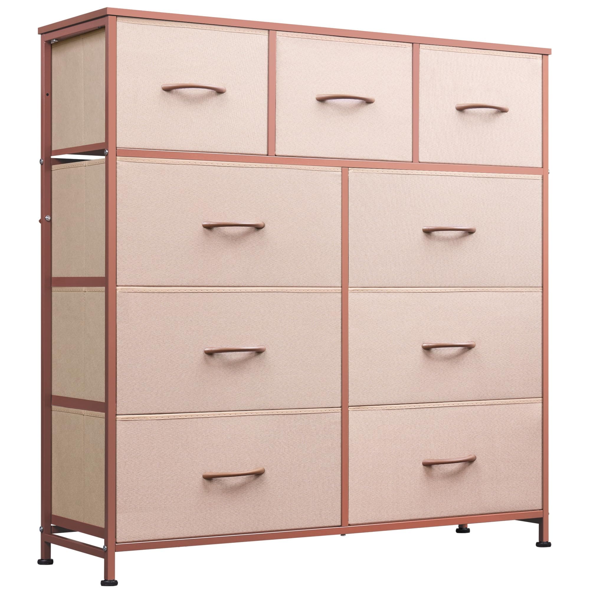 WLIVE 9-Drawer Dresser, Fabric Storage Tower for Bedroom, Hallway, Closet, Tall Chest Organizer Unit with Fabric Bins, Steel Frame, Wood Top, Easy Pull Handle, Pink and Rose Gold