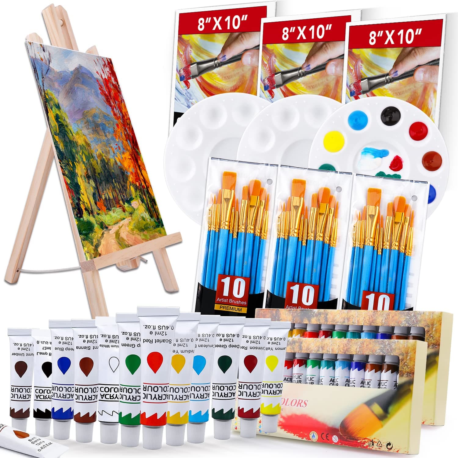 ESRICH Acrylic Paint Set,Painting Supplies with 2 PCS of 12 Colors Acrylic Paint,1 Easel 3 Canvas 30 Paintbrushes and 3 Palettes, Paint Kit for Kids,Students, Artists and Beginner