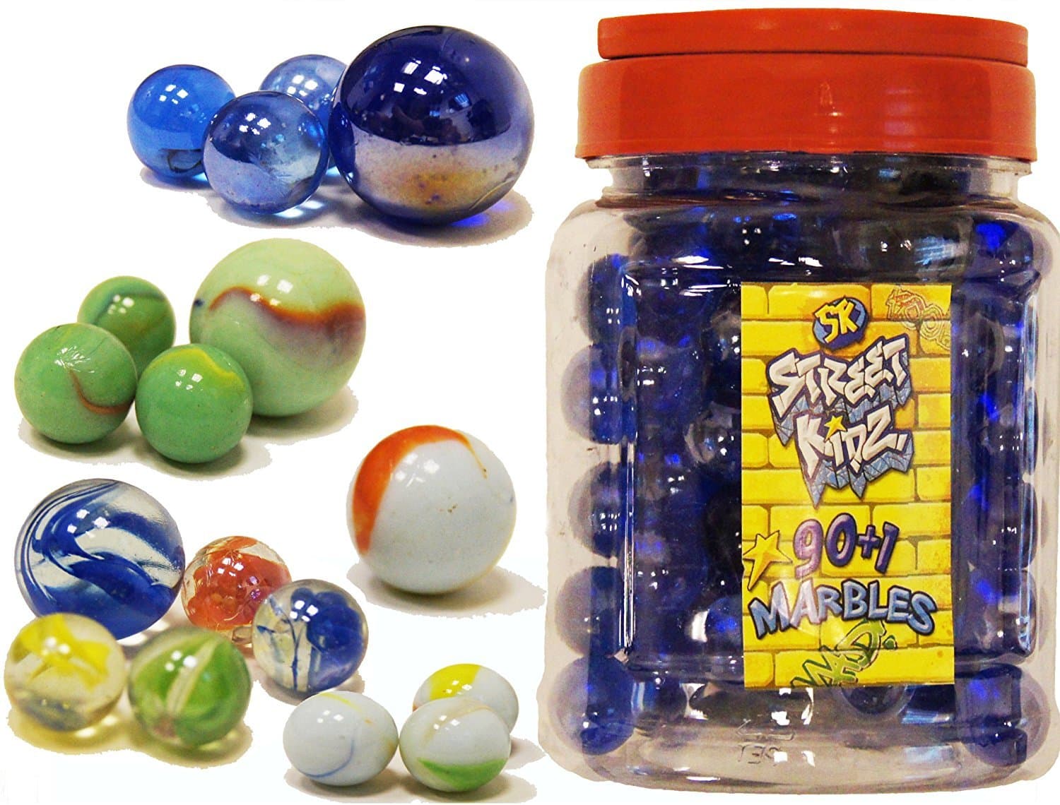 90+1 Glass Marbles Toy in a Jar Standard Size 16mm for Marble Run Game by Street Kidz