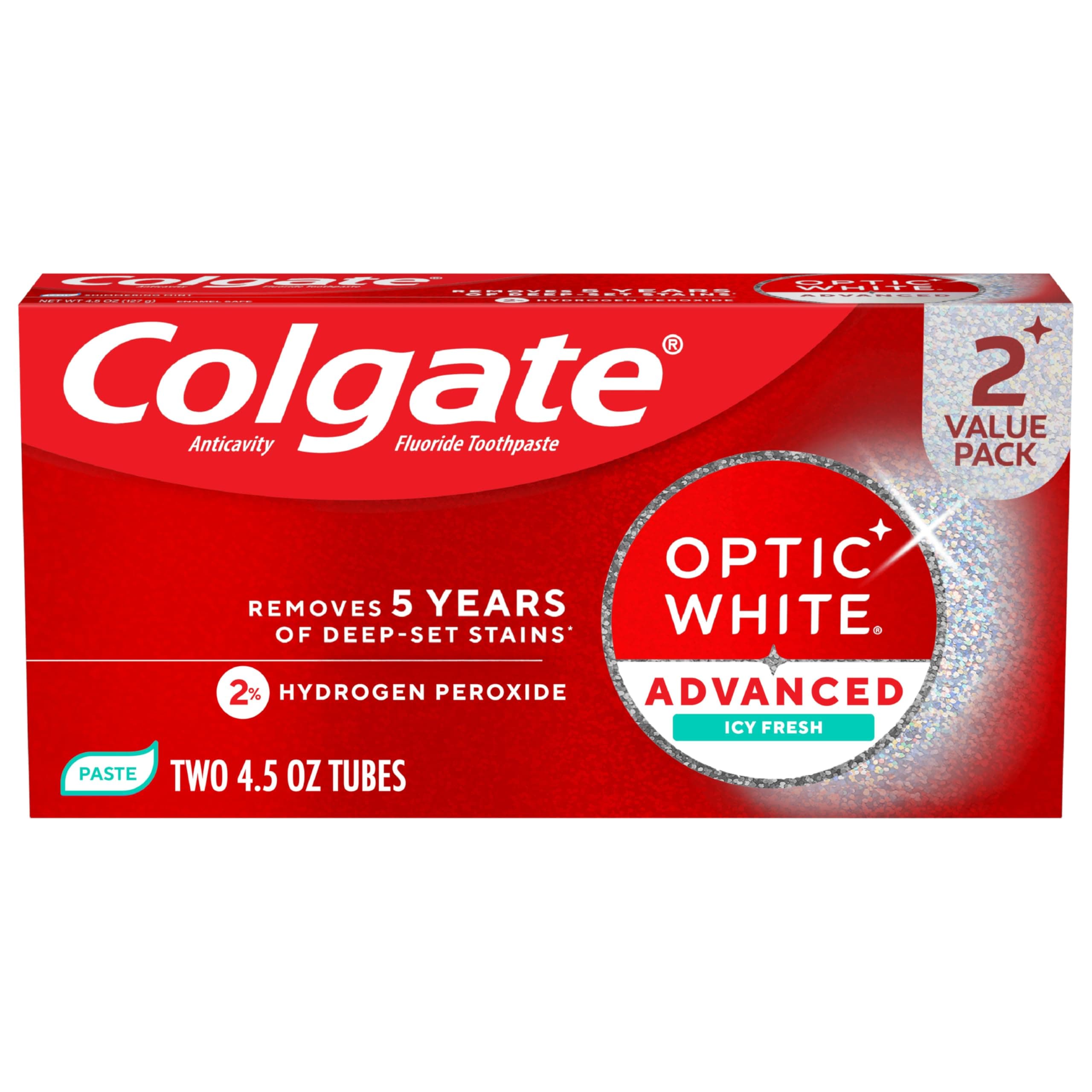 Colgate Optic White Advanced ICY Fresh Toothpaste with 2% Hydrogen Peroxide and Fluoride, 2 Pack, Peppermint and Wintergreen Flavor, Teeth Whitening Toothpaste with Enamel Safe Formula, 4.5 OZ