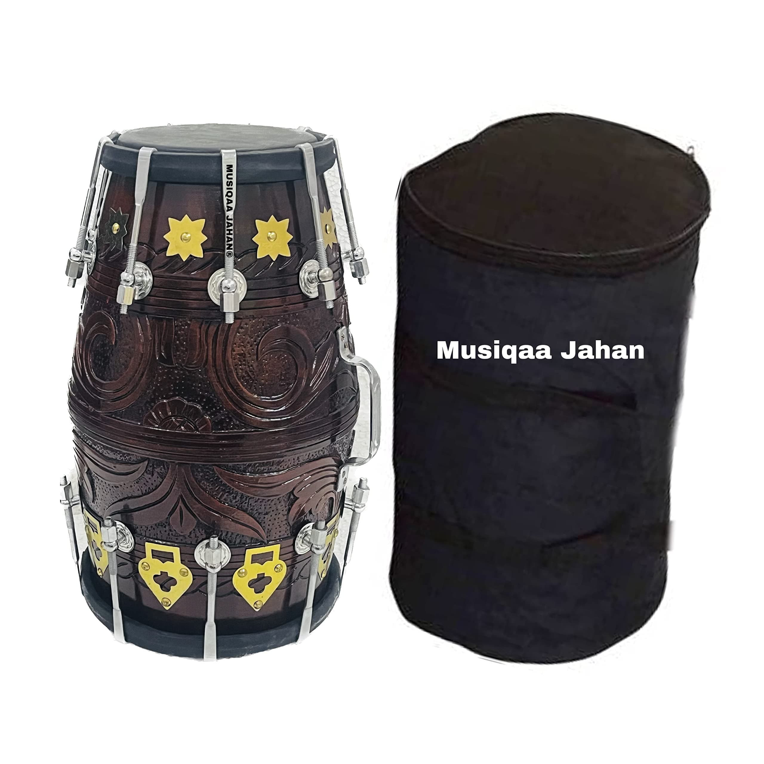 092 DESIGN DHOLAK DRUM~HAND MADE INDIAN~SHESHAM WOOD & SPECIAL BLACK SKIN WITH BAG (only Black Lover)