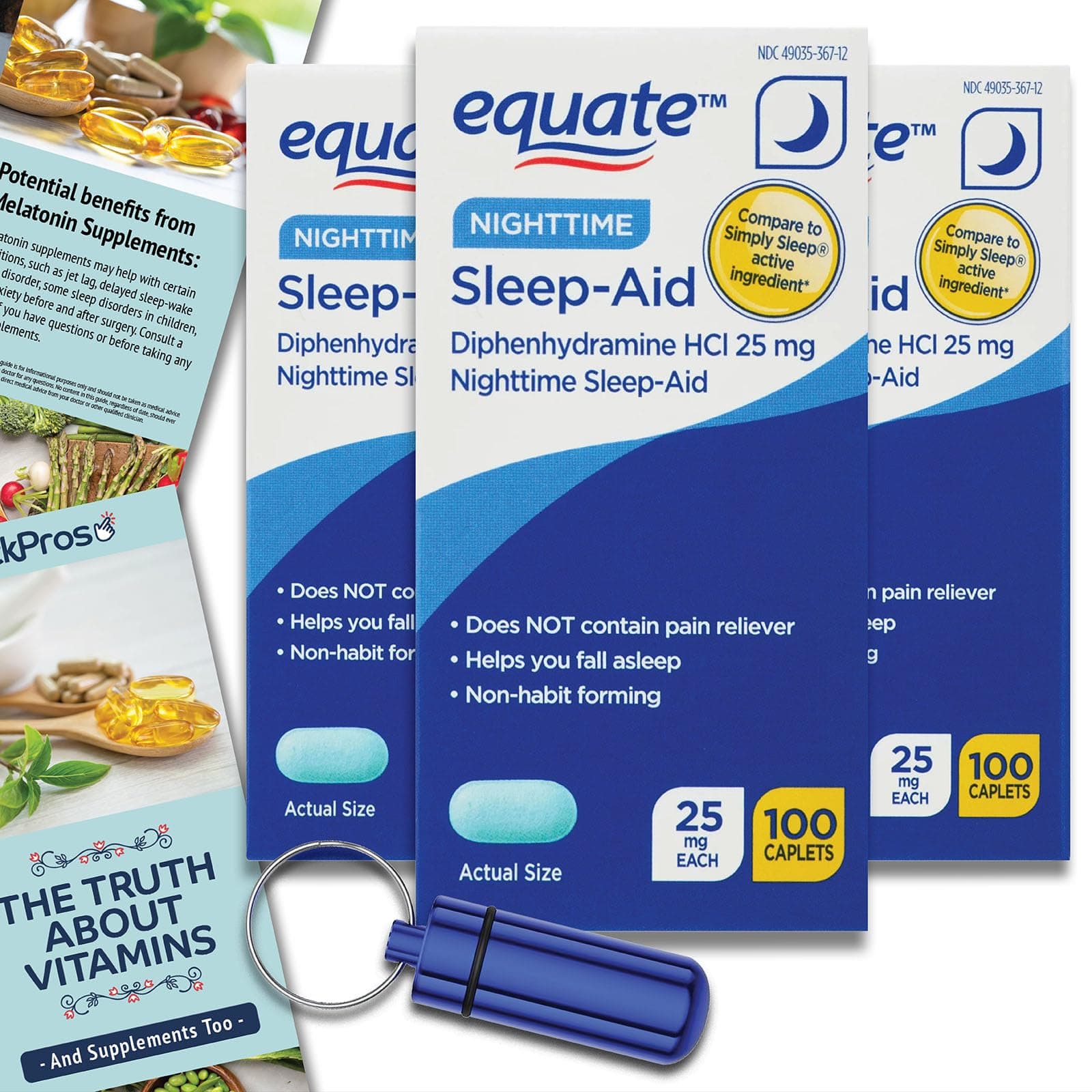 Equate Nighttime Sleep Aid Diphenhydramine HCl Caplets, 25 mg, 100 Count 3 Pack Bundle (300 Total) Compare to Simply Sleep + The Truth About Vitamins Guide and Pill Container (5 Items)!