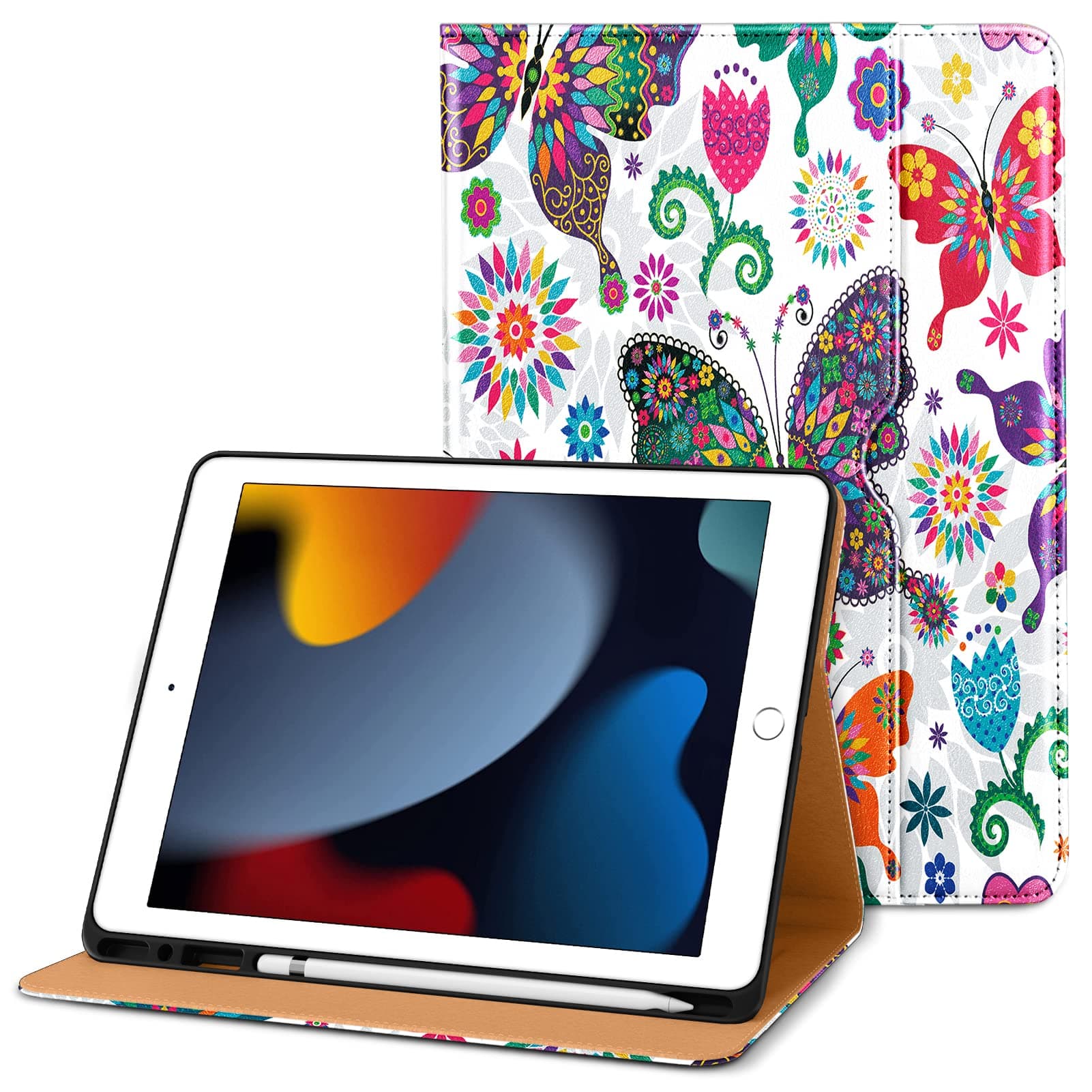 DTTO for iPad 9th/8th/7th Generation 10.2 Inch Case 2021/2020/2019, Premium Leather Business Folio Stand Cover with Apple Pencil Holder - Auto Wake/Sleep and Multiple Viewing Angles, Butterfly