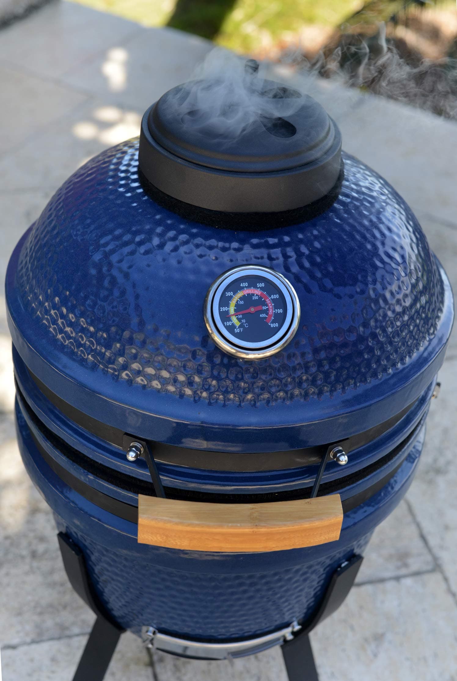 Lonestar Chef SCS-K15B Lifesmart Deen Brothers 15 Ceramic Electric Starter, Cover & Pizza Stone Charcoal Kamado Grill BBQ Smoker, Blue