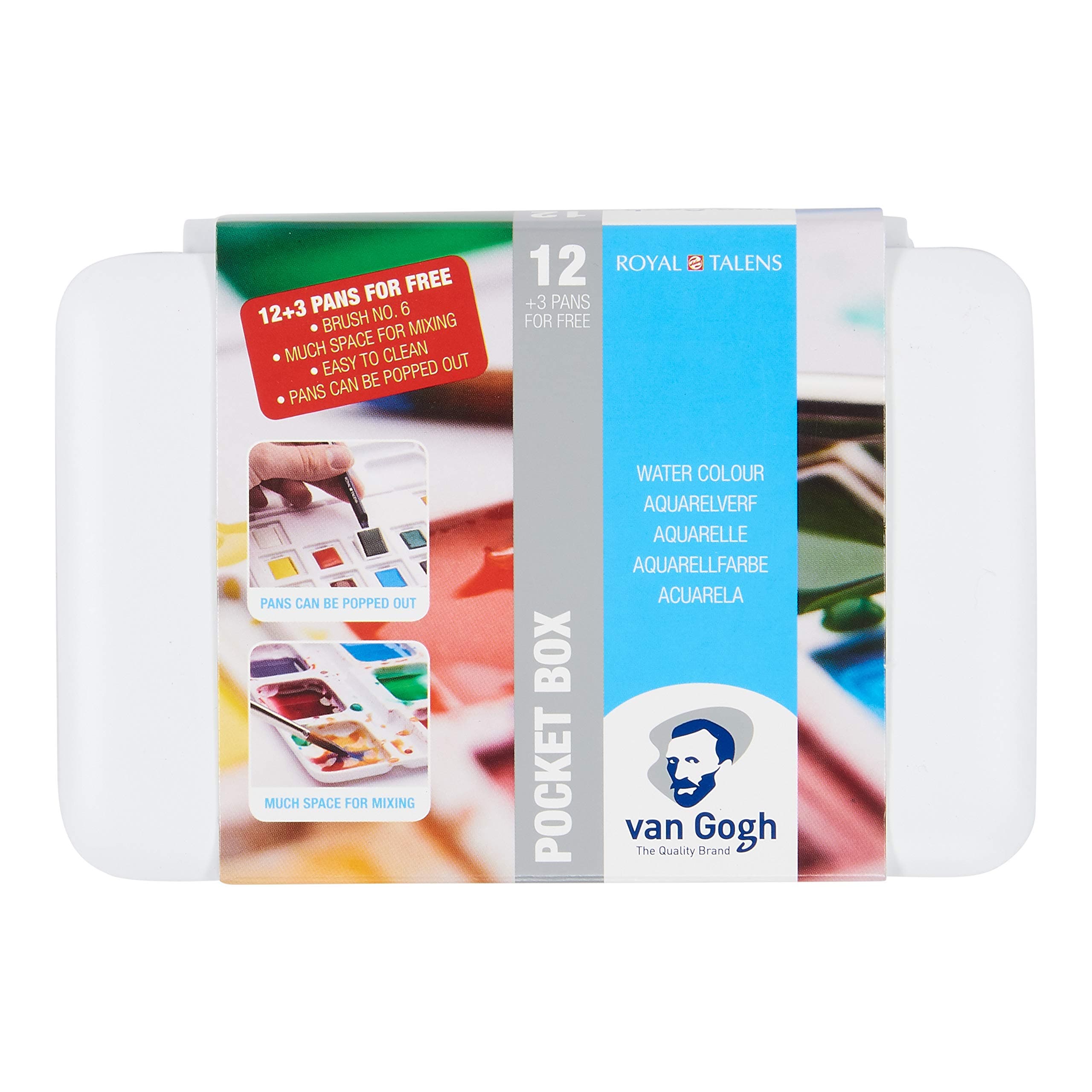 Van Gogh Watercolor Paint Set, Plastic Pocketbox, 12-Half Pan + 3-Half Pan Bonus General Selection