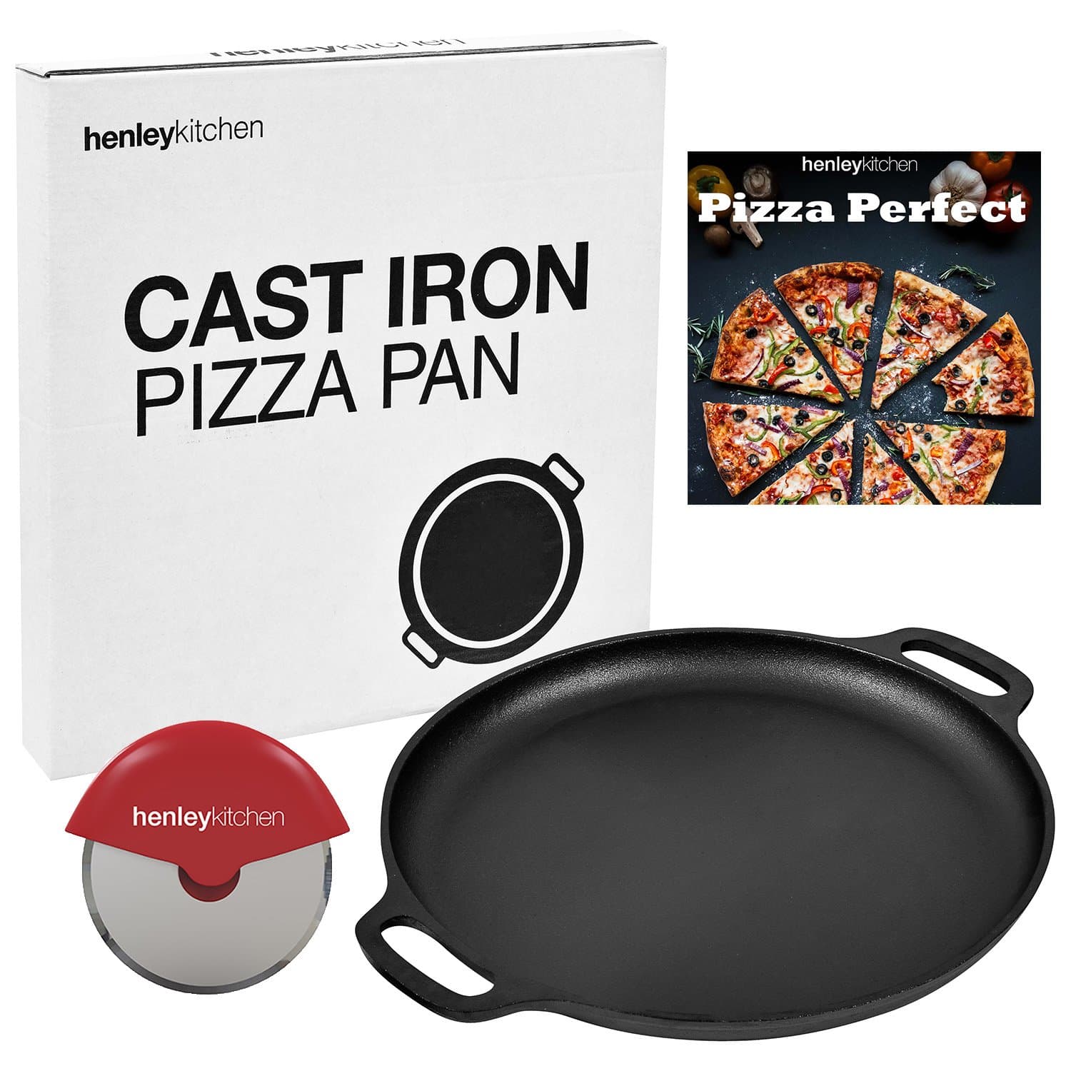 Henley Kitchen - Pre-Seasoned Cast Iron Pizza Pan - 14 Inch Pizza Stone with Cutter and Cookbook eBook