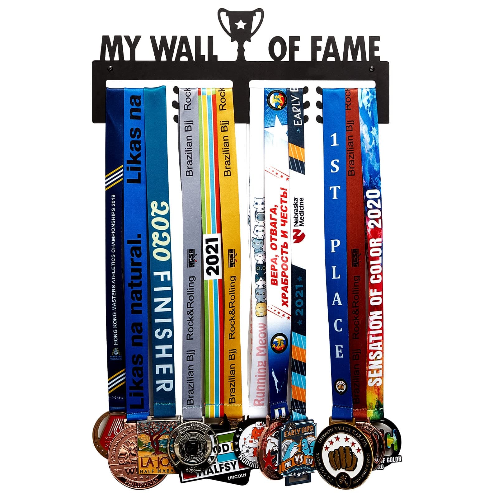 My Wall of Fame Medal Holder Metal Marathon Display Hanger Rack Medal Hanger Display Wall Mounted Sports Medals Frame Race Medal Shelf over 30 Medals Easy to Install for Soccer Gymnastics Award, Black