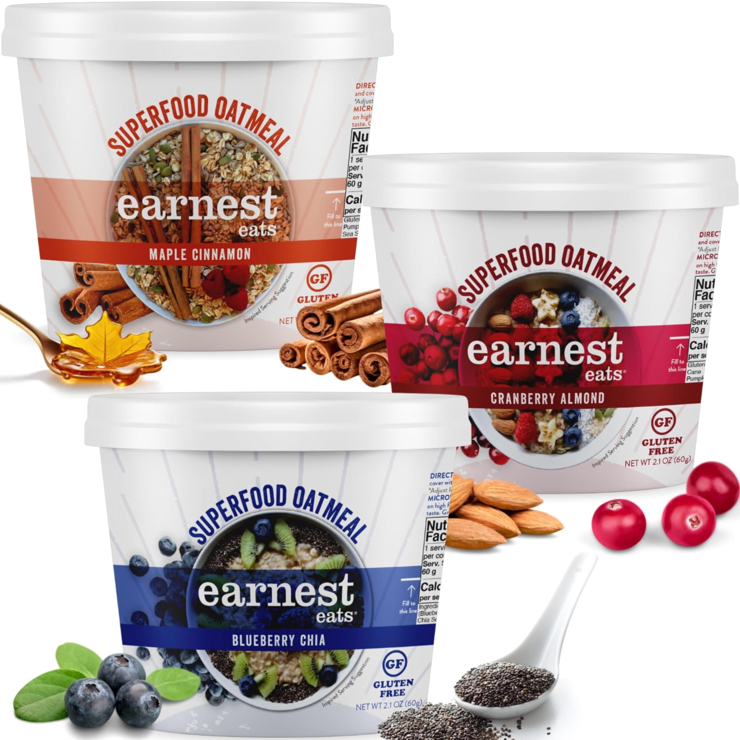 Earnest Eats Superfood Oatmeal Cups - Variety Pack – 7g Plant Protein, Gluten Free, Vegan, On-the-Go Breakfast, 2.1 Ounces Each (6 Pack)