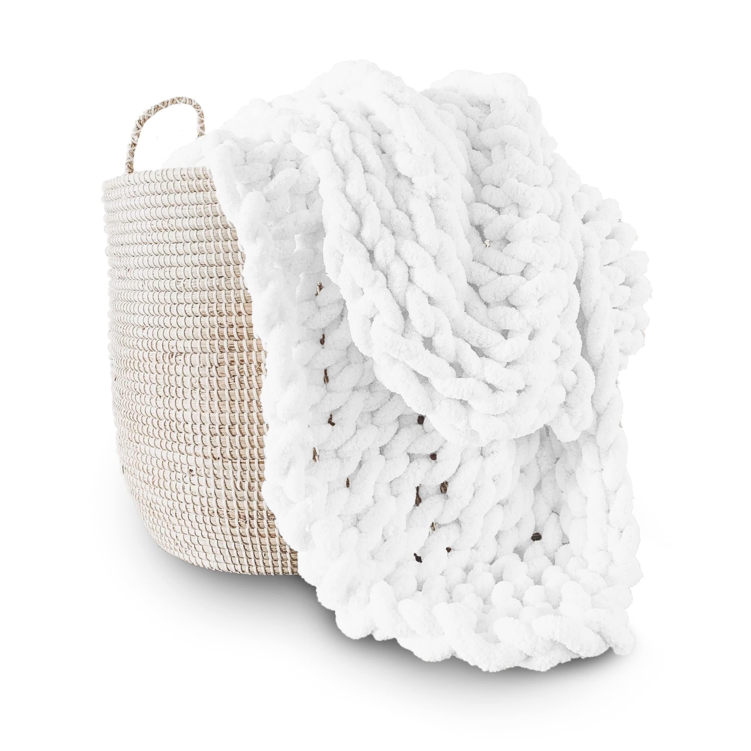 Adyrescia Chunky Knit Blanket Throw | 100% Hand Knit with Jumbo Chenille Yarn (50"x60", Bright White)