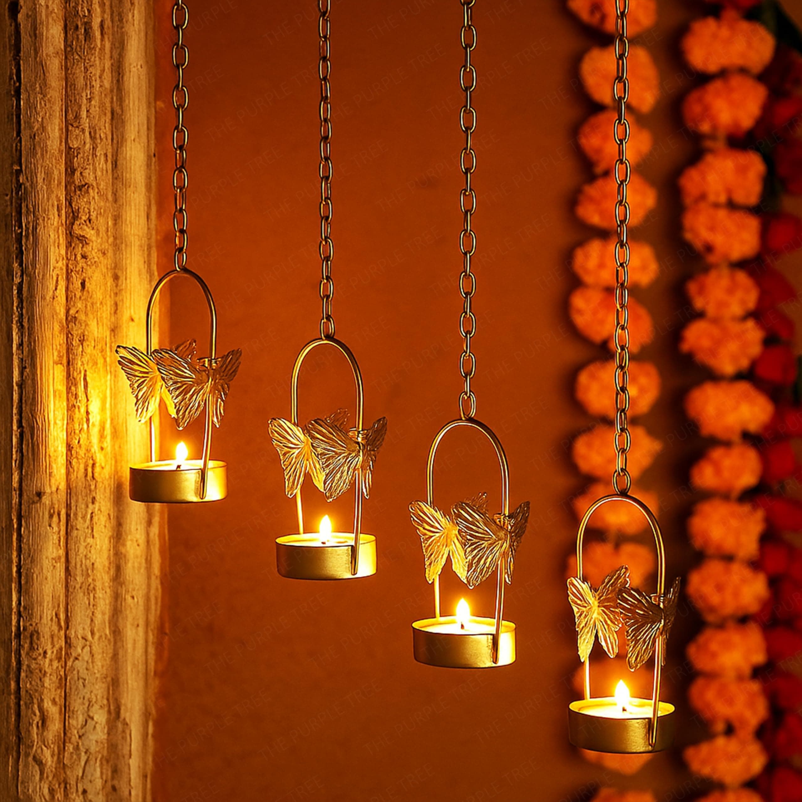 The Purple Tree Aluminium Hanging Butterfly Tealight Candle Holders Combo Pack (Pack of 4)
