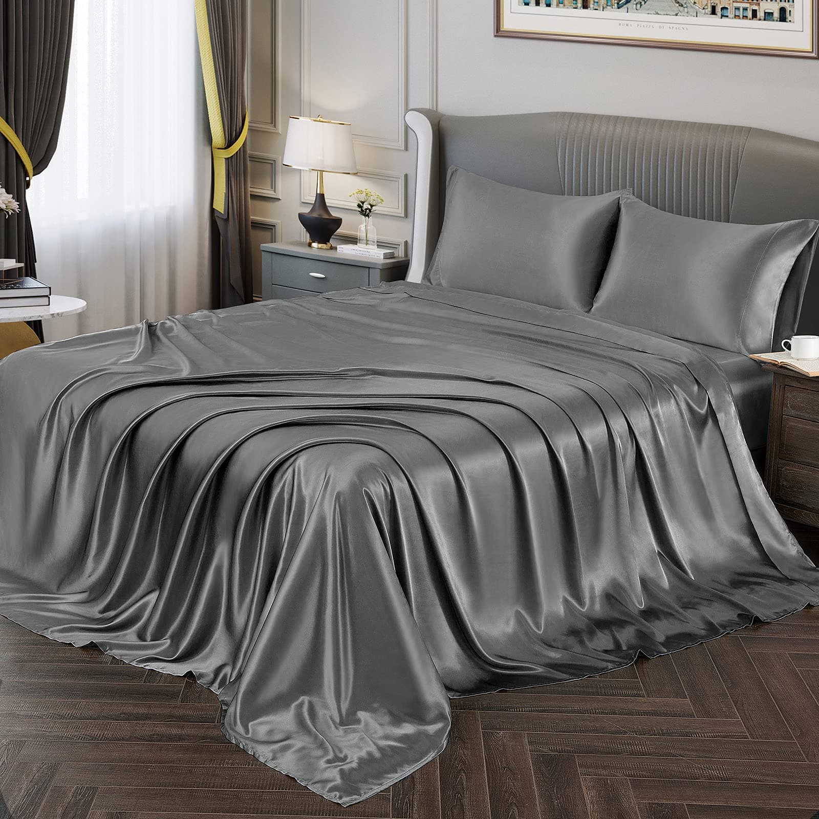 Vonty Satin Sheets Full Size Silky Soft Satin Bed Sheets Grey Sheet Set, 1 Deep Pocket Fitted Sheet + 1 Flat Sheet + 2 Pillowcases