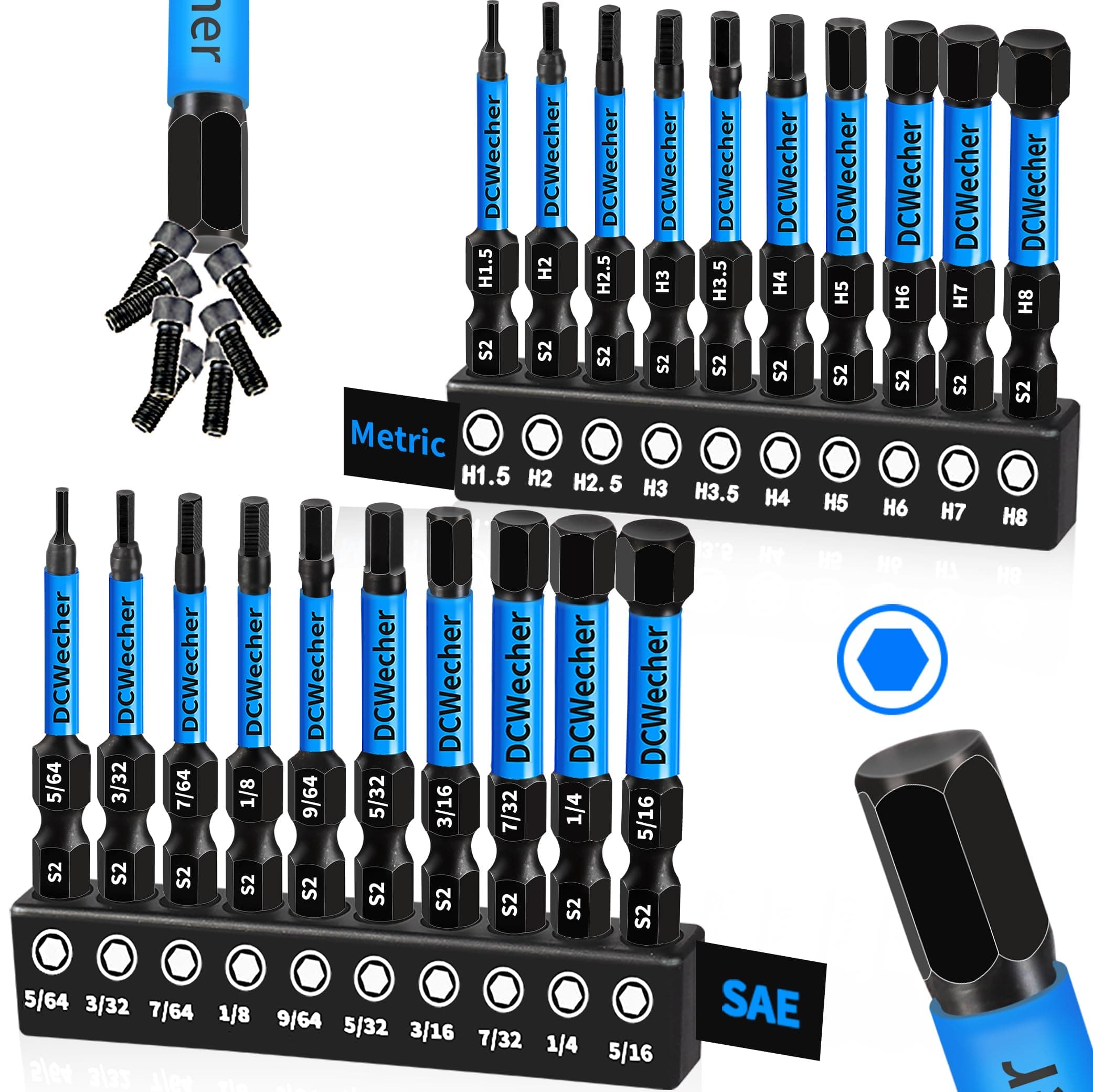 20-Pack Allen Wrench Drill Bit Set (Metric & SAE), 2 '' Long Impact Hex Bit Set, Profession Hex Head Allen Key Drill Bit Set Magnetic, S2 Steel Hex Bits 1/4'' Hex-Shank, with Bit Holder, by DCWecher