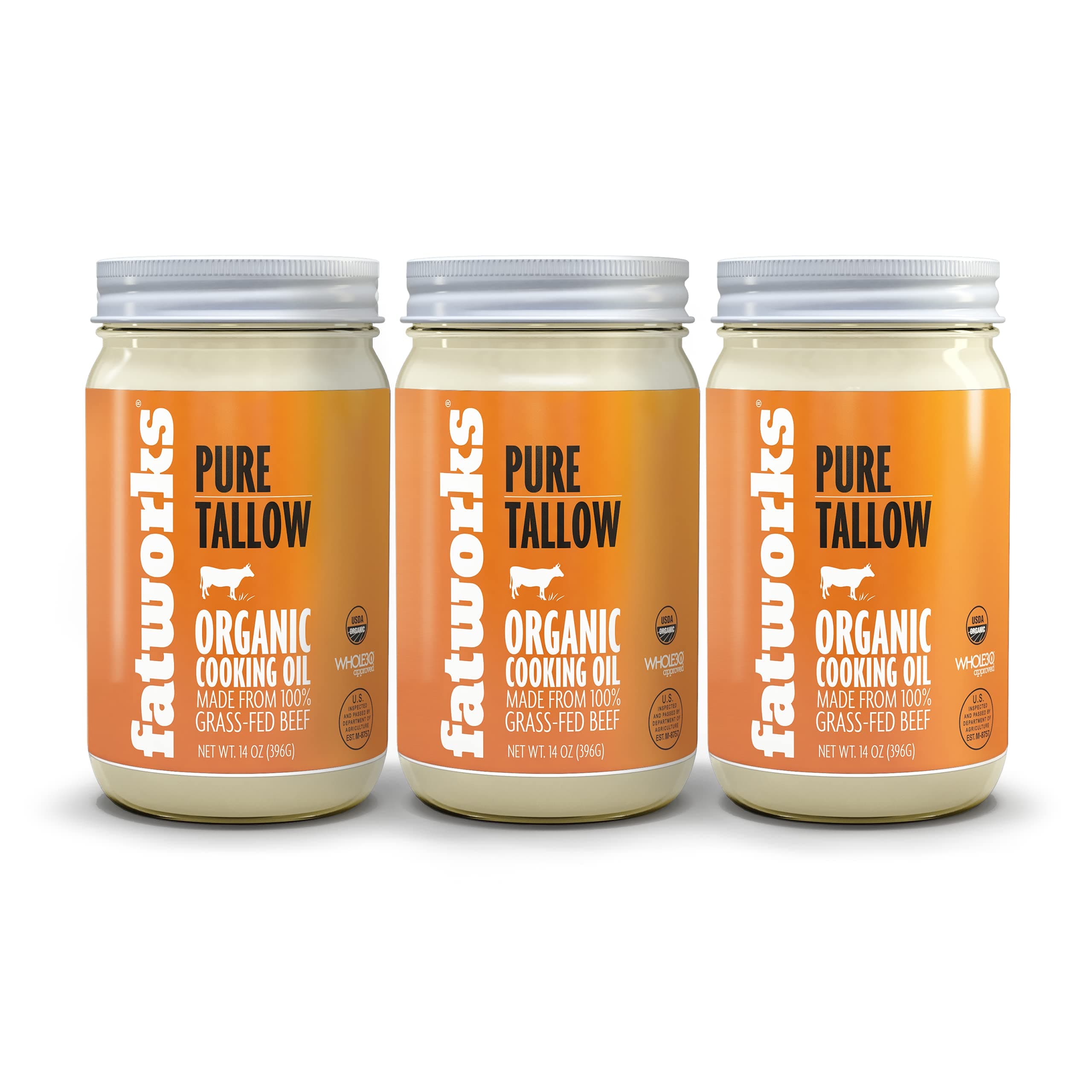 Organic Grass-Fed Beef Tallow, Certified Organic Non-Gmo Pasture-Raised Beef Tallow, sourced from several small family ranchers, KETO friendly, exclusive to Fatworks, 14 oz.