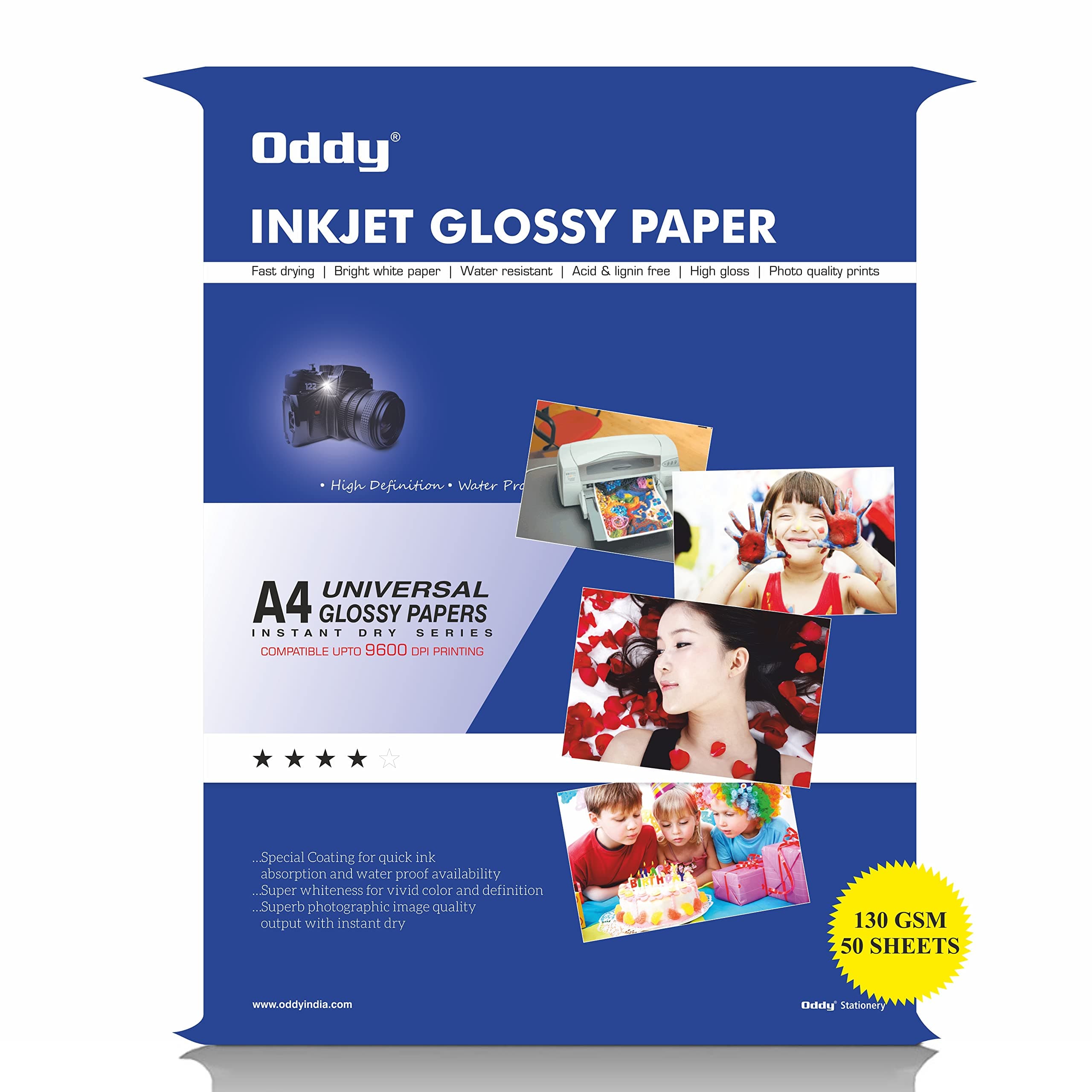 Oddy 130 GSM A4 Size Glossy Photo Paper – Non Adhesive, Universal Coated, Water Proof Pack of 50 Sheets, Compatible with Inkjet Printer.