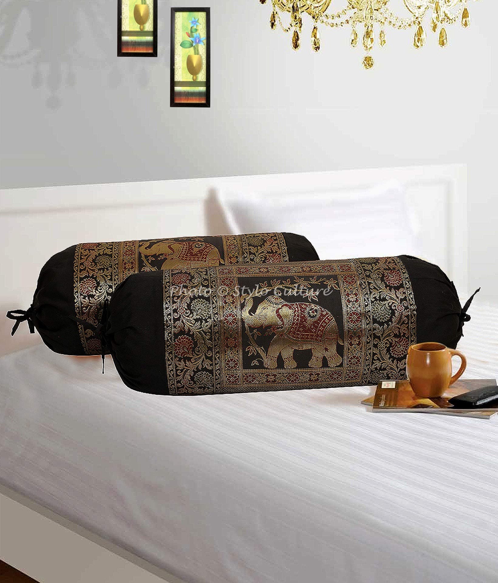 Indian Polydupion Cylindrical Tube Pillow Bolster Pillow Covers Black Jacquard Brocade Border Elephant Large Couch Round Cylinder Cushion Covers (Set of 2) | 30x15 Inches (76x38 cm)