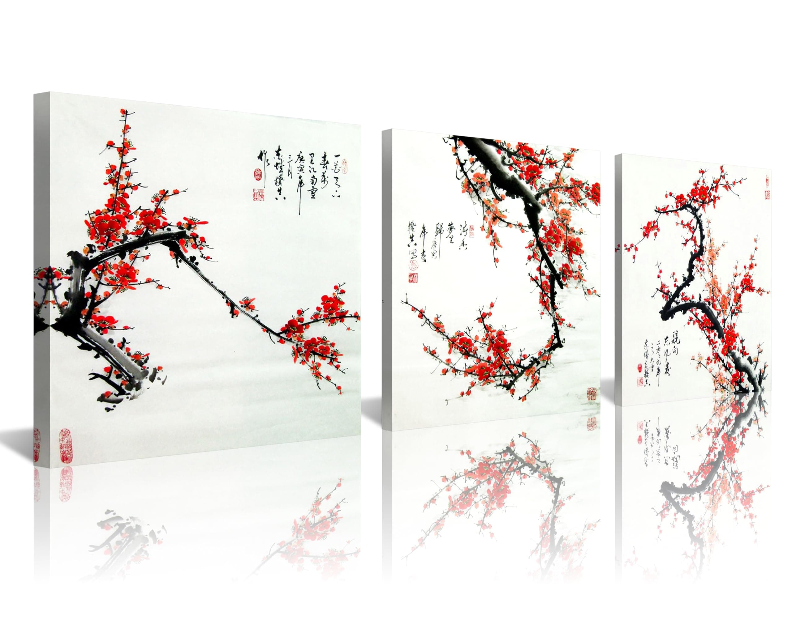 NAN Wind Red Plum Blossom Chinese Art Canvas Prints, 3 Panels, 11.97x11.97 Inches Each, Framed, Wall Art, Living Room Decor