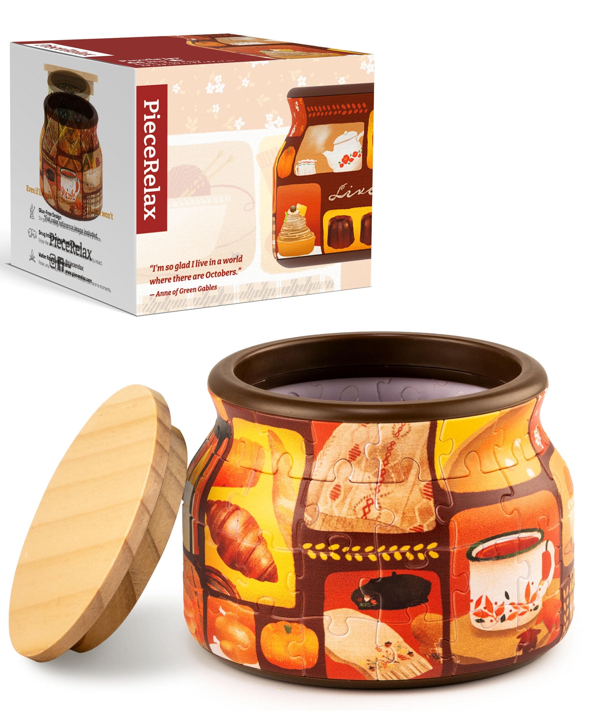 PieceRelax 3D Puzzle Jar 64 Plastic Pieces for Adults - Live Cozy - Wooden Lid Container for Kitchen Dining Study Living Room No Glue Requied Small [BC1021]