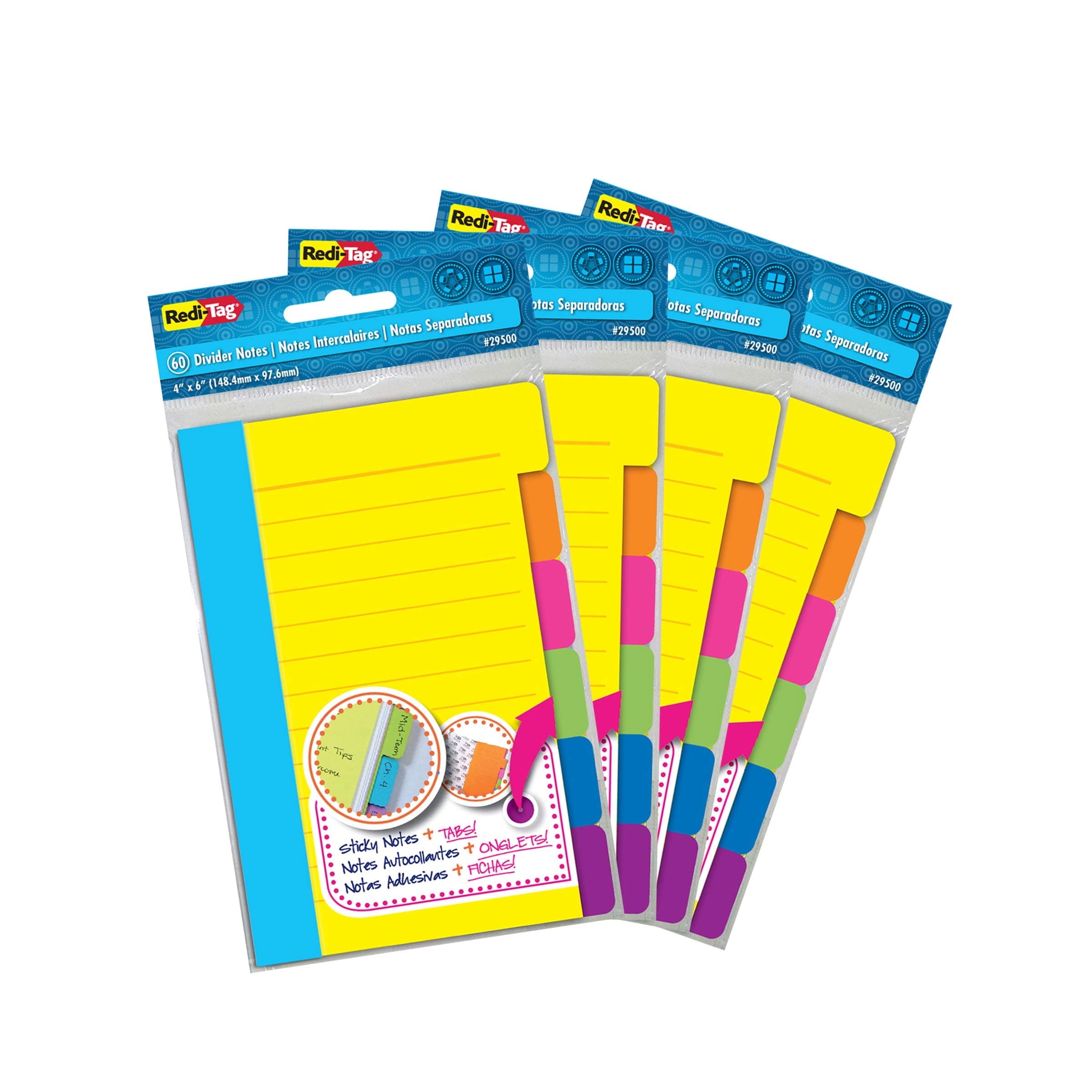 Redi-Tag Divider Sticky Notes, Tabbed Self-Stick Lined Notepads, 240 Ruled Notes, 4" x 6", 4 Books Per Pack, Assorted Colors (B29504)