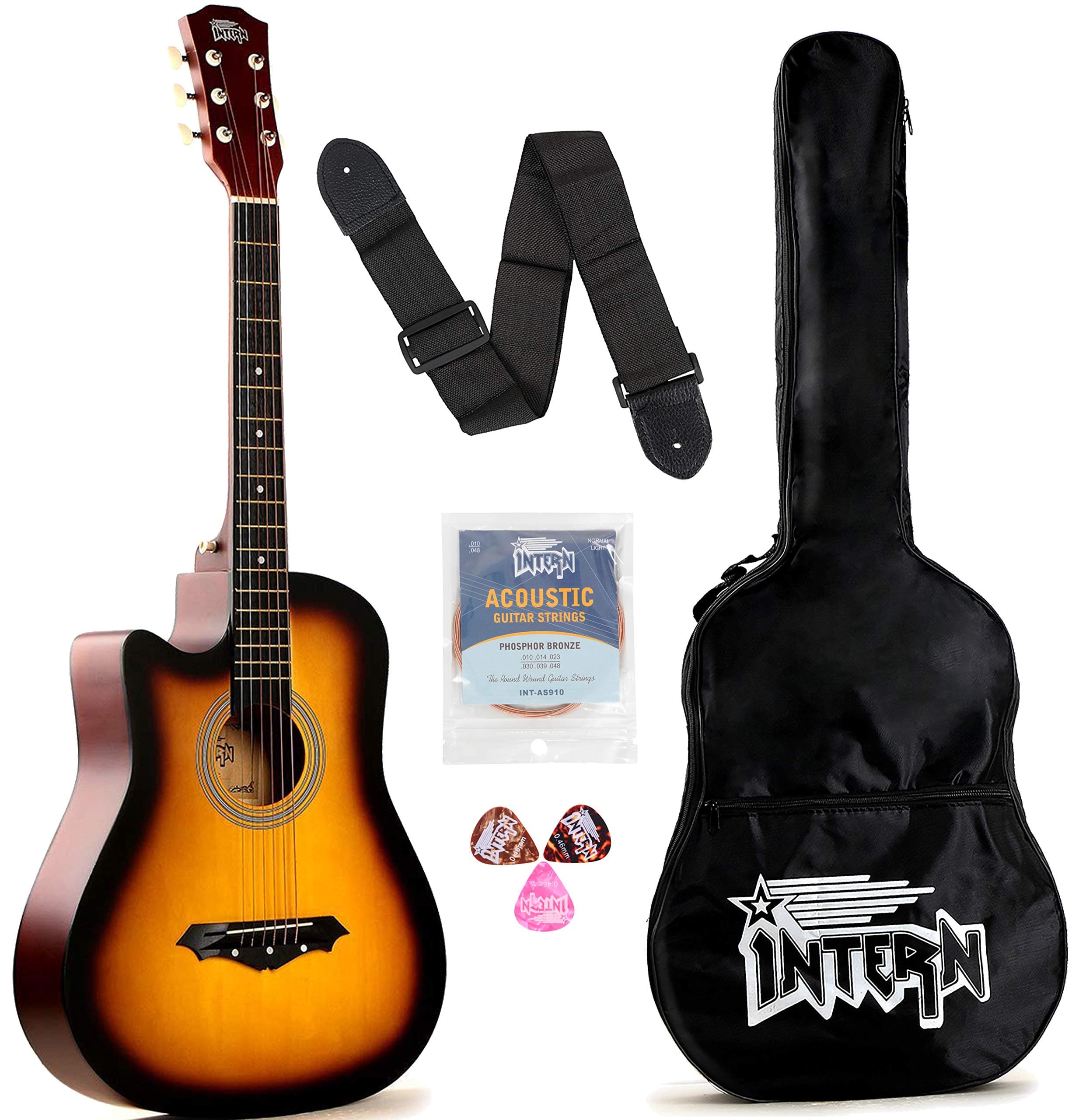 Intern INT-38C-L-SB Left Hand Acoustic Guitar Kit, With Bag, Strings, Pick And Strap (Sunburst)