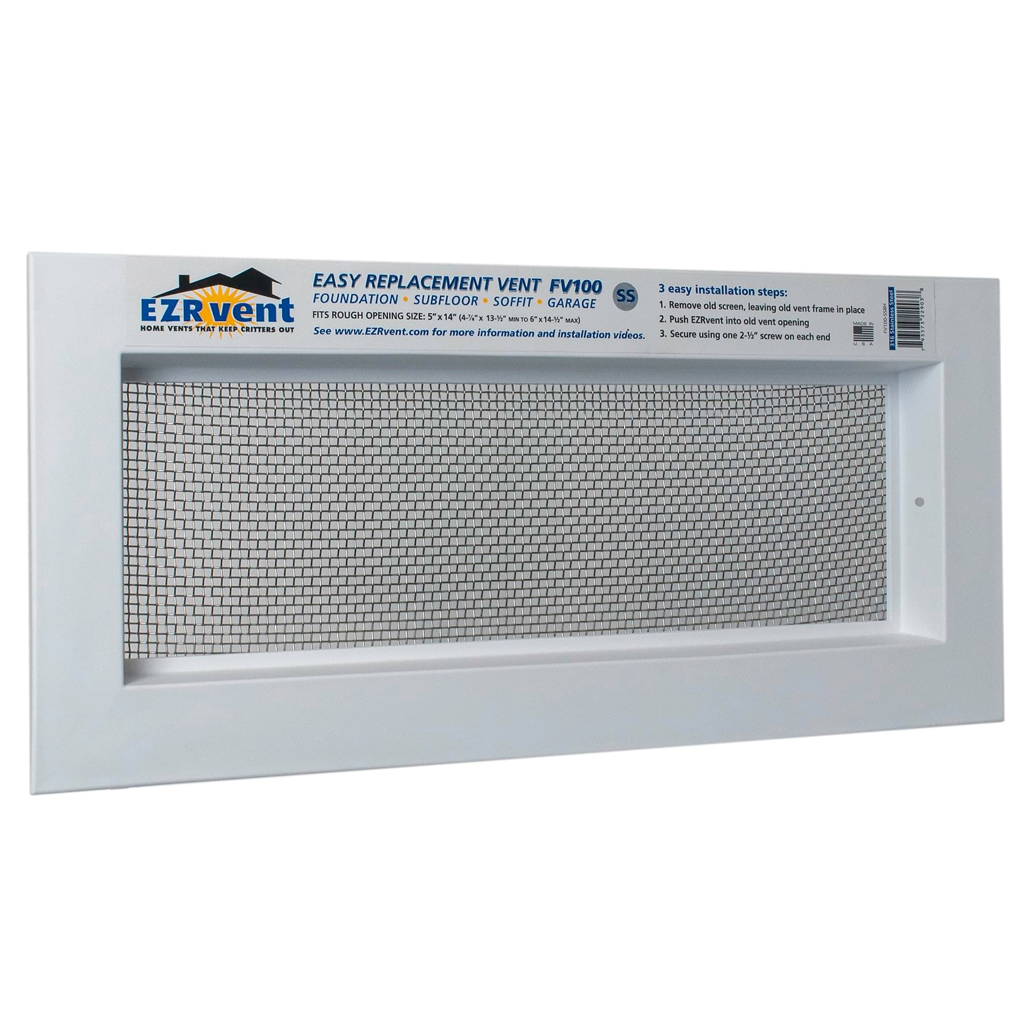 FV100-SS8H Easy Replacement Vent, Foundation Crawlspace and Garage 5x14 Rough Opening, 316 Stainless Steel Mesh