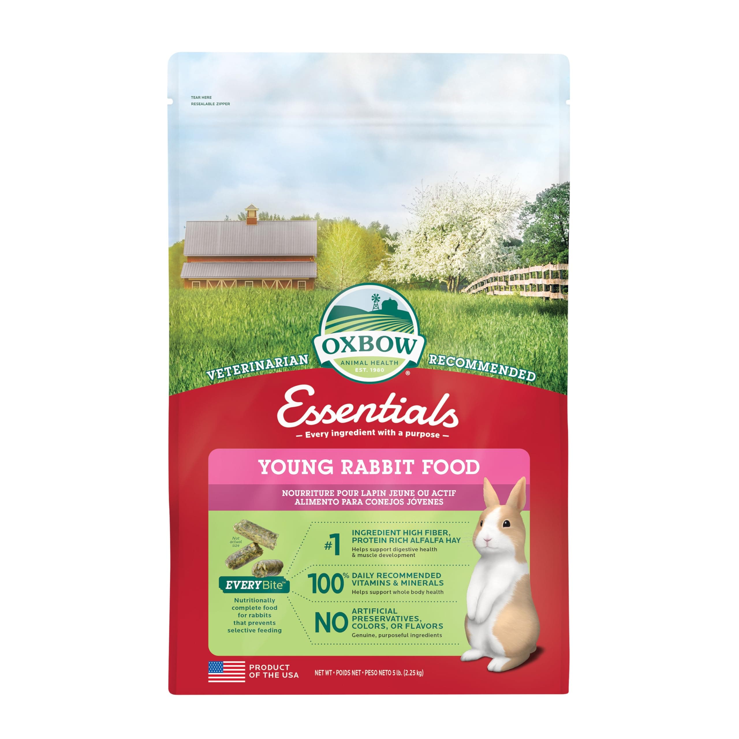 Oxbow Essentials Rabbit Food, Young Rabbit, Made with Oxbow Alfalfa Hay, Pet Food Pellets with Vitamins & Minerals, Small Animal Pet Products, Bunny Supplies, Made in USA, High Fiber, 5 lb. bag