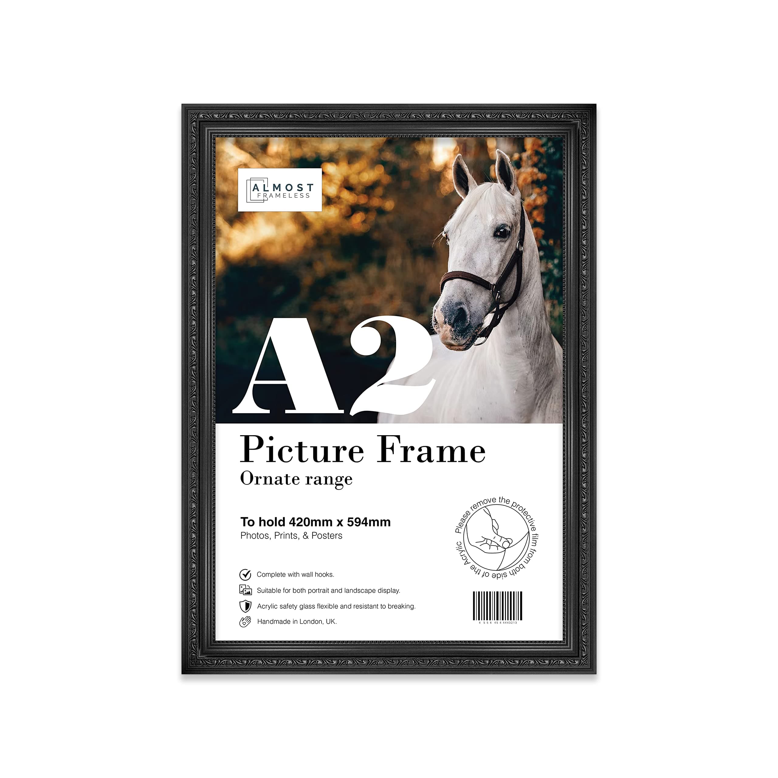 A2 Black Ornate Picture Frame Fits A2 (42 x 59.4cm - 16.5 x 23.4in) Poster, Photo, Artwork, or Print. Shabby Chic Style Portrait and Landscape Display with Wall Hooks