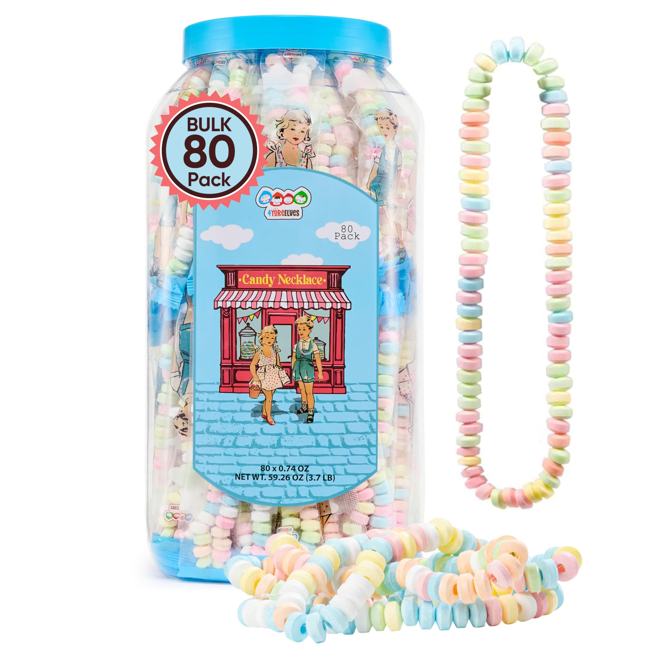 80 Candy Necklaces Individually Wrapped, Choker Style, Nostalgic Pastel Candy Jewelry Perfect for Party Favors, Pinata Fillers and Goodie Bags, Packed in a Convenient Display Tub,