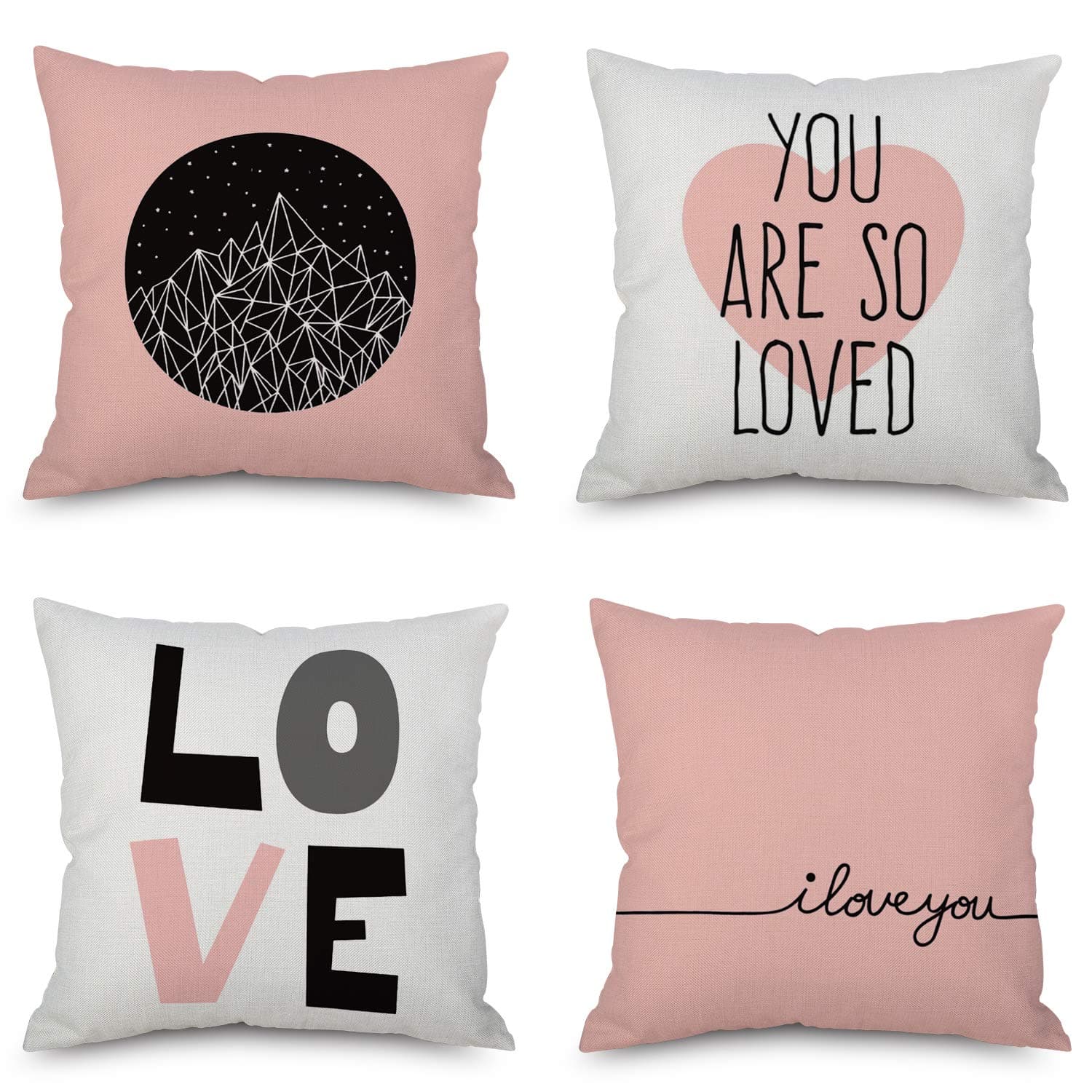 Happy Mother's Day Throw Pillow Covers Only, 18 x 18 Inches for Sofa, Bench and Bed for Girls, Home Decorative Accent Cushion Cases Sef of 4 (Pink Love)