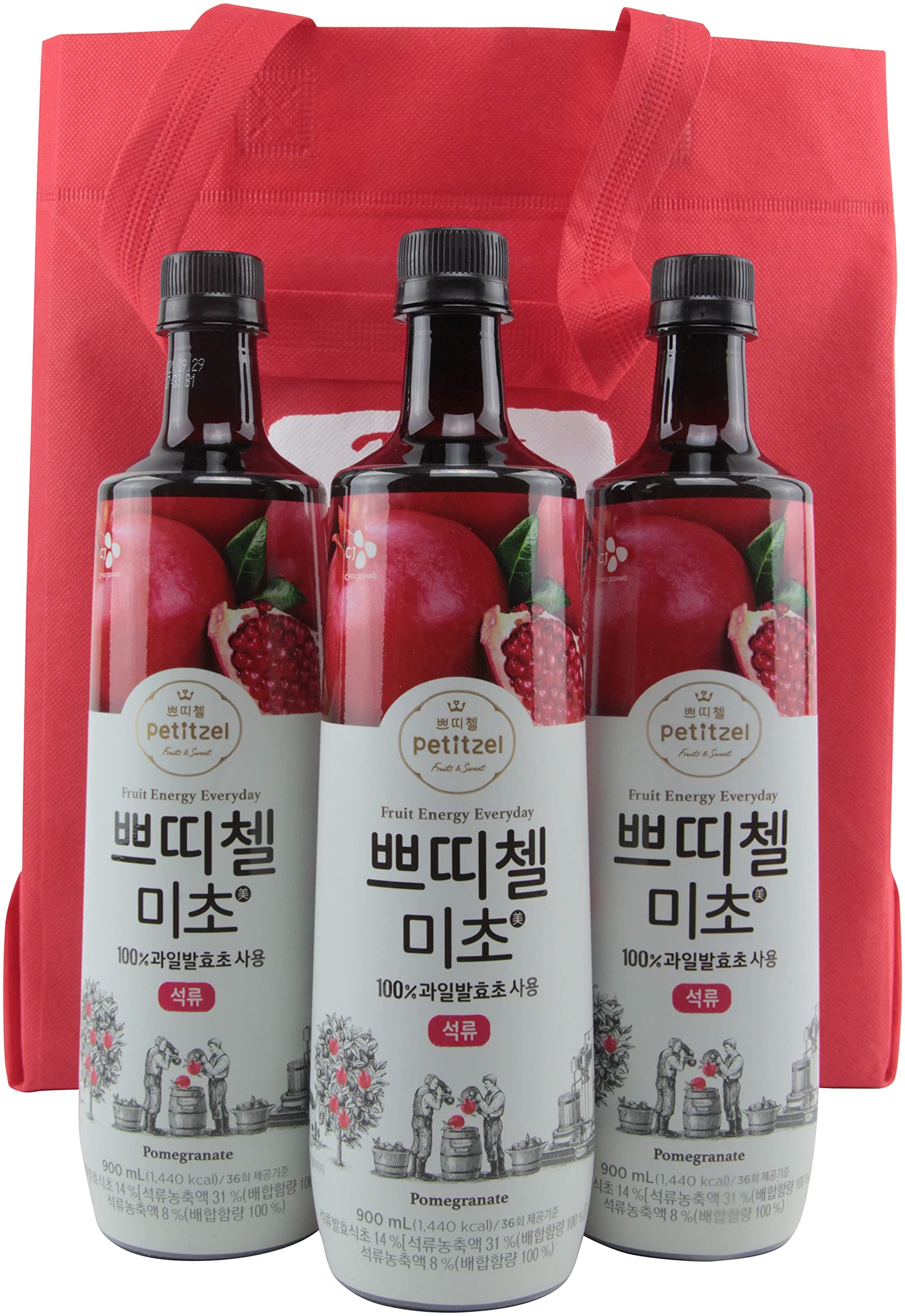 Korean CJ Petitzel Fruit Vinegar Drink Concentrate, 3 Bottle Set: Pomegranate, 91 Fl Ounces