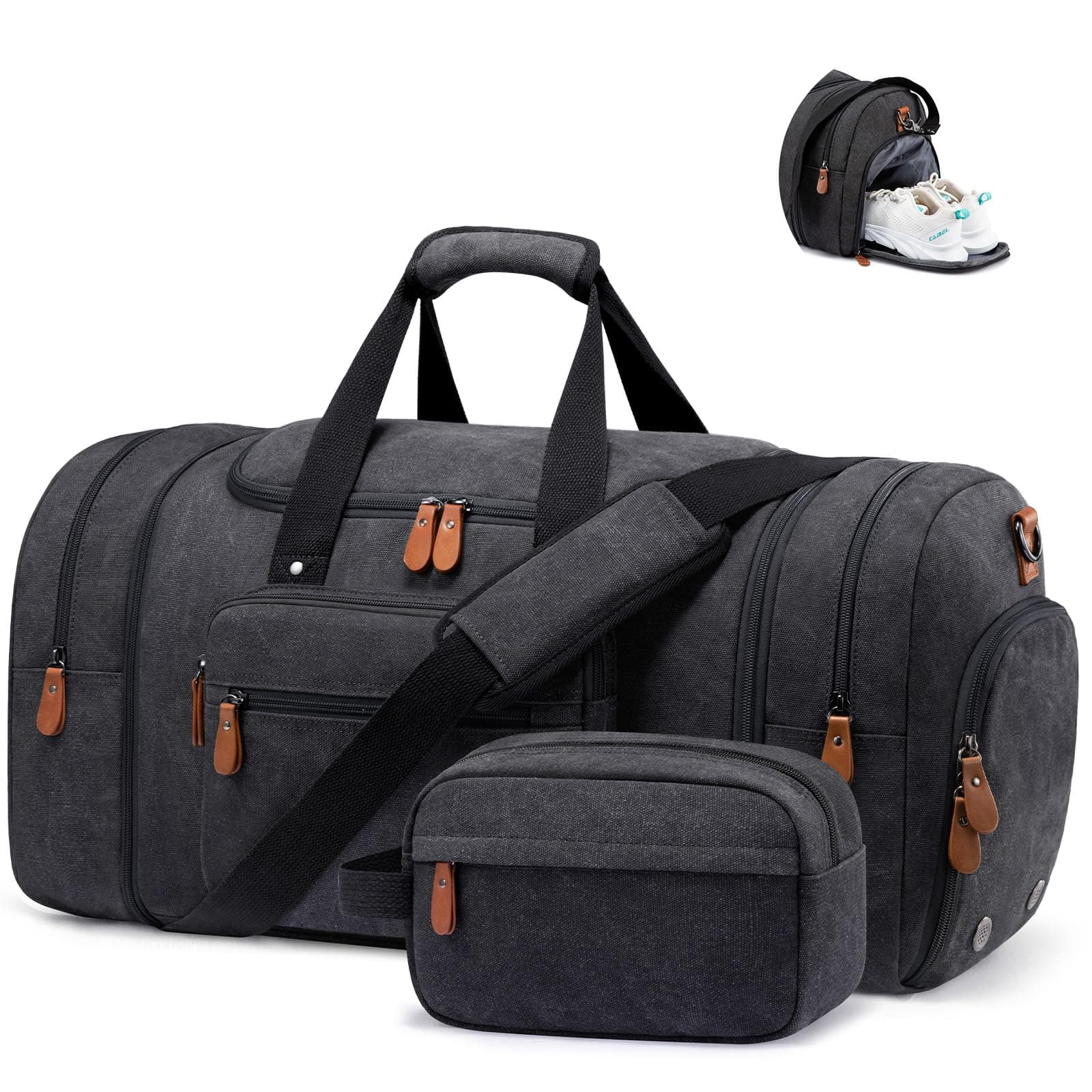 Canvas Travel Duffel Bag for Men, Weekend Overnight Bag with Shoe Compartment and Toiletry Bag, Carry-On for Airplanes, Dark Grey