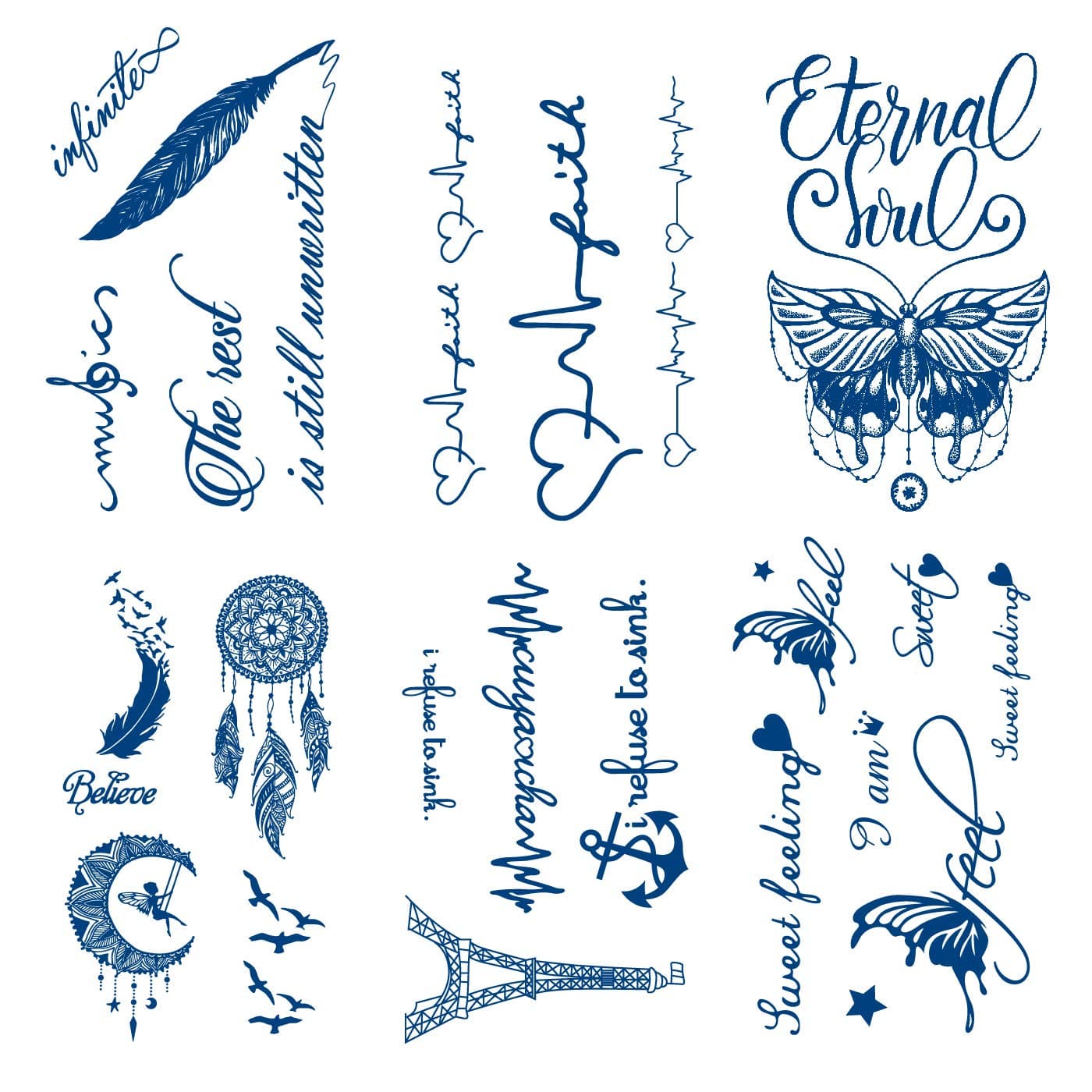 Semi-permanent English Words Temporary Tattoos, 6-Sheet 2 Weeks Long Last Waterproof Eglish Tattoos,Plant-Based Ink Tattoos Sticker for Adult Children