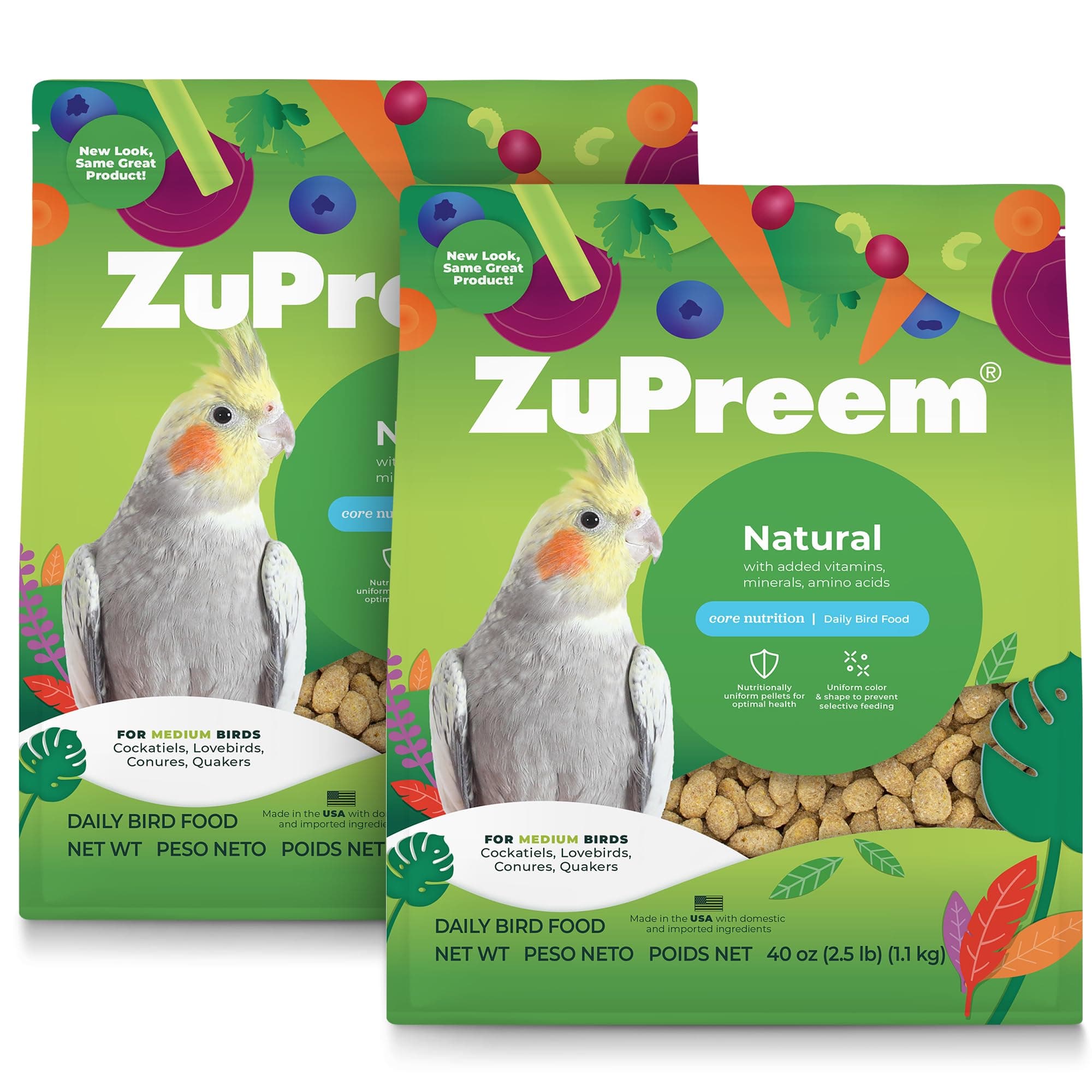 ZuPreem Natural Pellets Bird Food for Medium Birds, 2.5 lb (Pack of 2) - Daily Nutrition, Made in USA for Cockatiels, Quakers, Lovebirds, Small Conures
