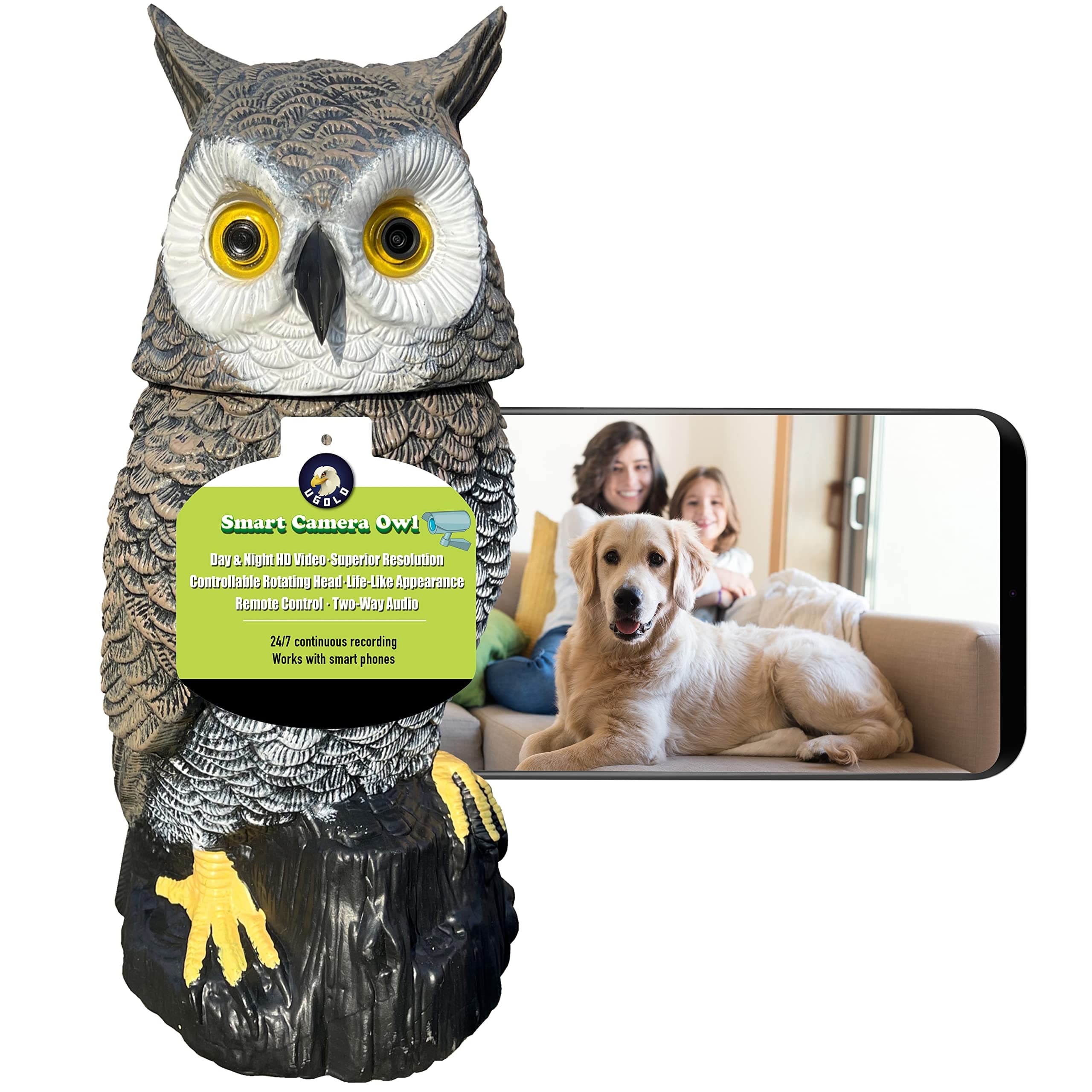 Indoor Camera Owl, Home Security Camera Owl with Rotatable Head, Night Vision, 2-Way Audio, Works with Phone, Decoration for Home