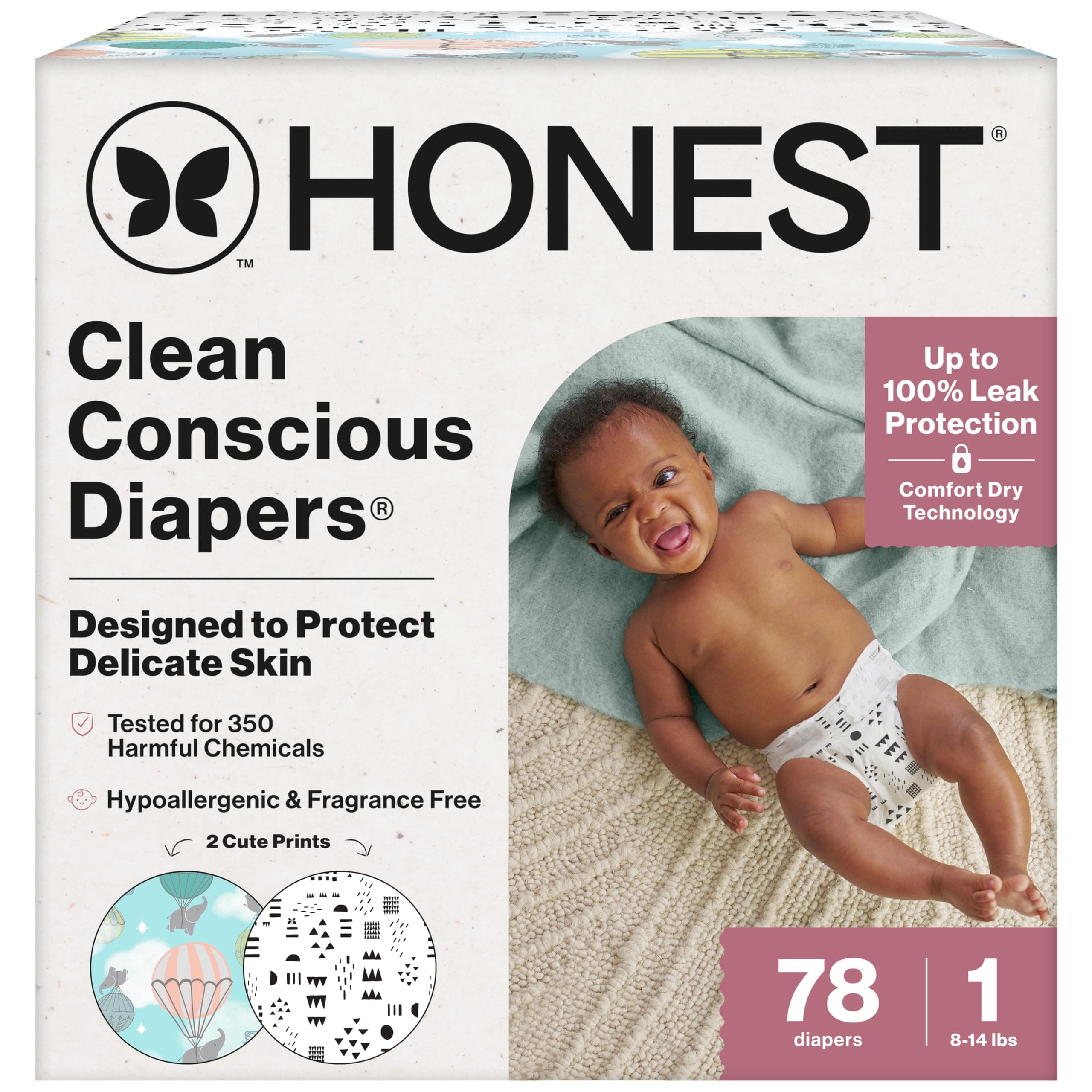 The Honest Company Comfort Dry Diapers, Hypoallergenic, Fragrance-Free, Sensitive Skin, Above It All + Pattern Play, Club Box Size 1 (8–14 lbs), 78 Count