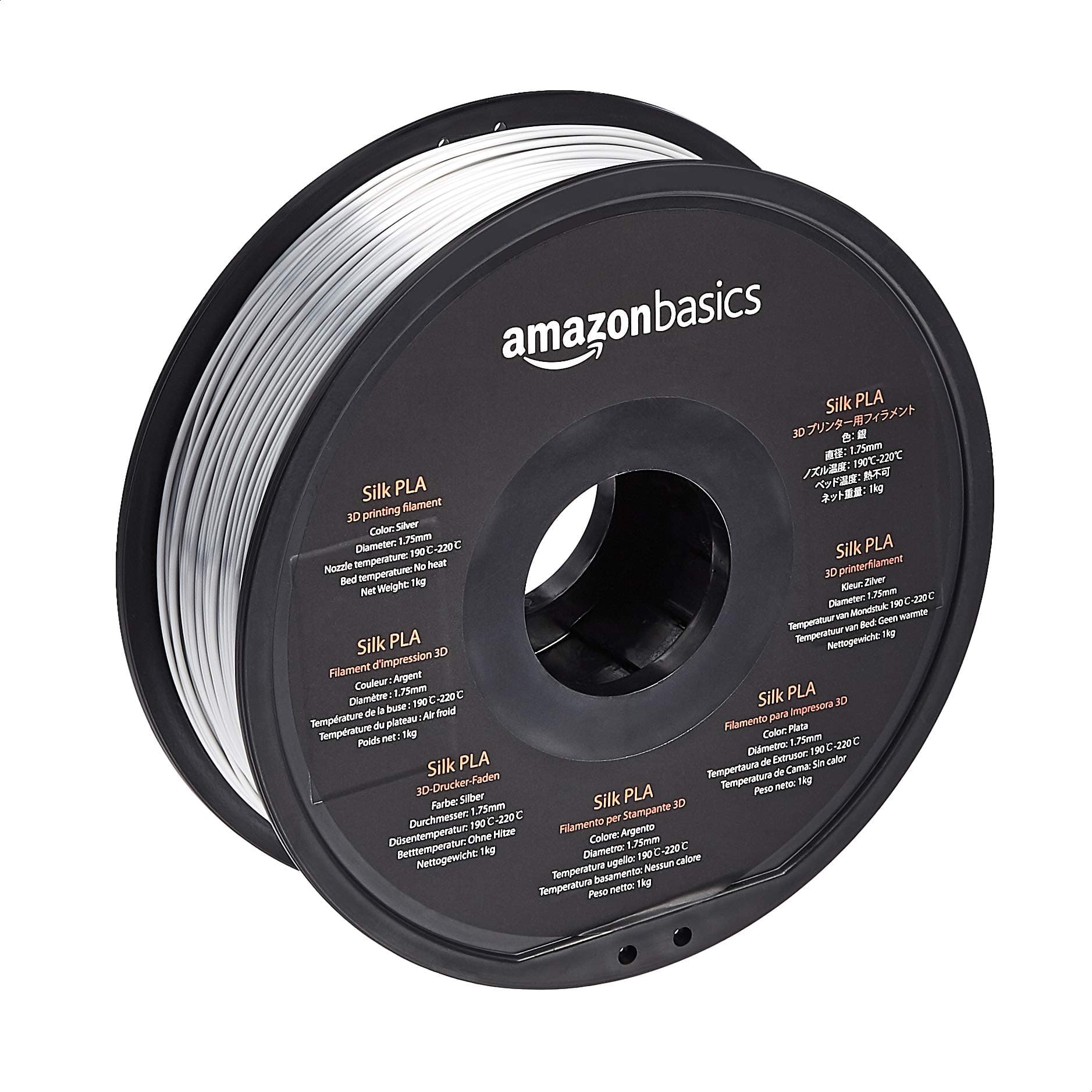 Amazon Basics Silk PLA 3D Printer Filament, 1.75mm, 1 kg Spool (2.2 lbs), Silver, No Heat Bed Required