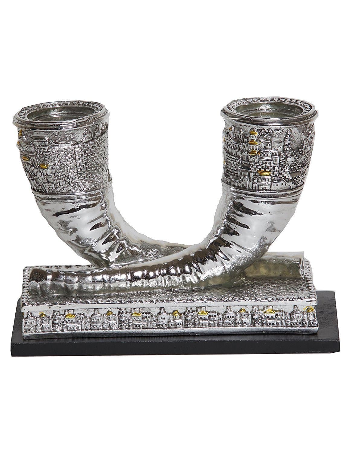 Ayuni Gifts of the World Elegant Jerusalem Shofar Candlesticks for Shabbat and Holidays Silver Polyresin (Large)